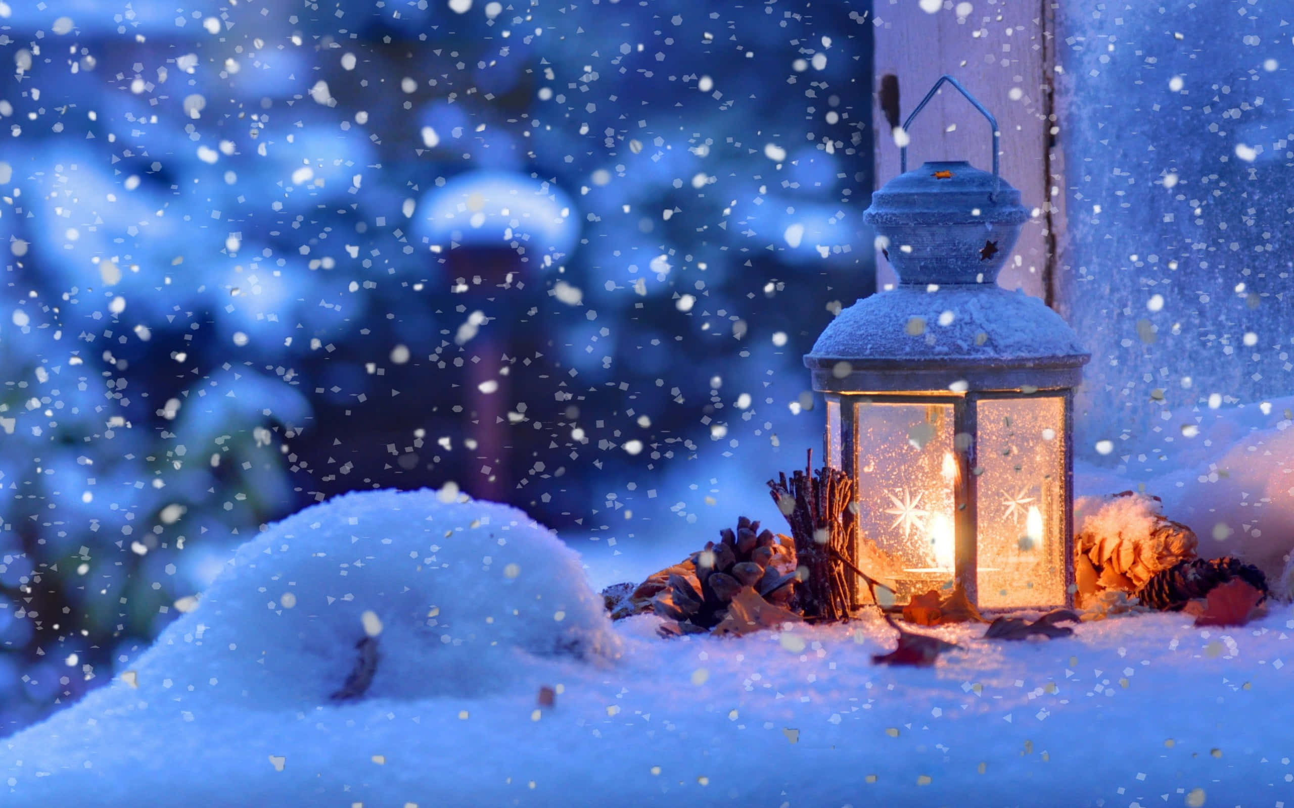 lantern, snow-covered window, falling snowflakes, 2K Desktop Wallpaper