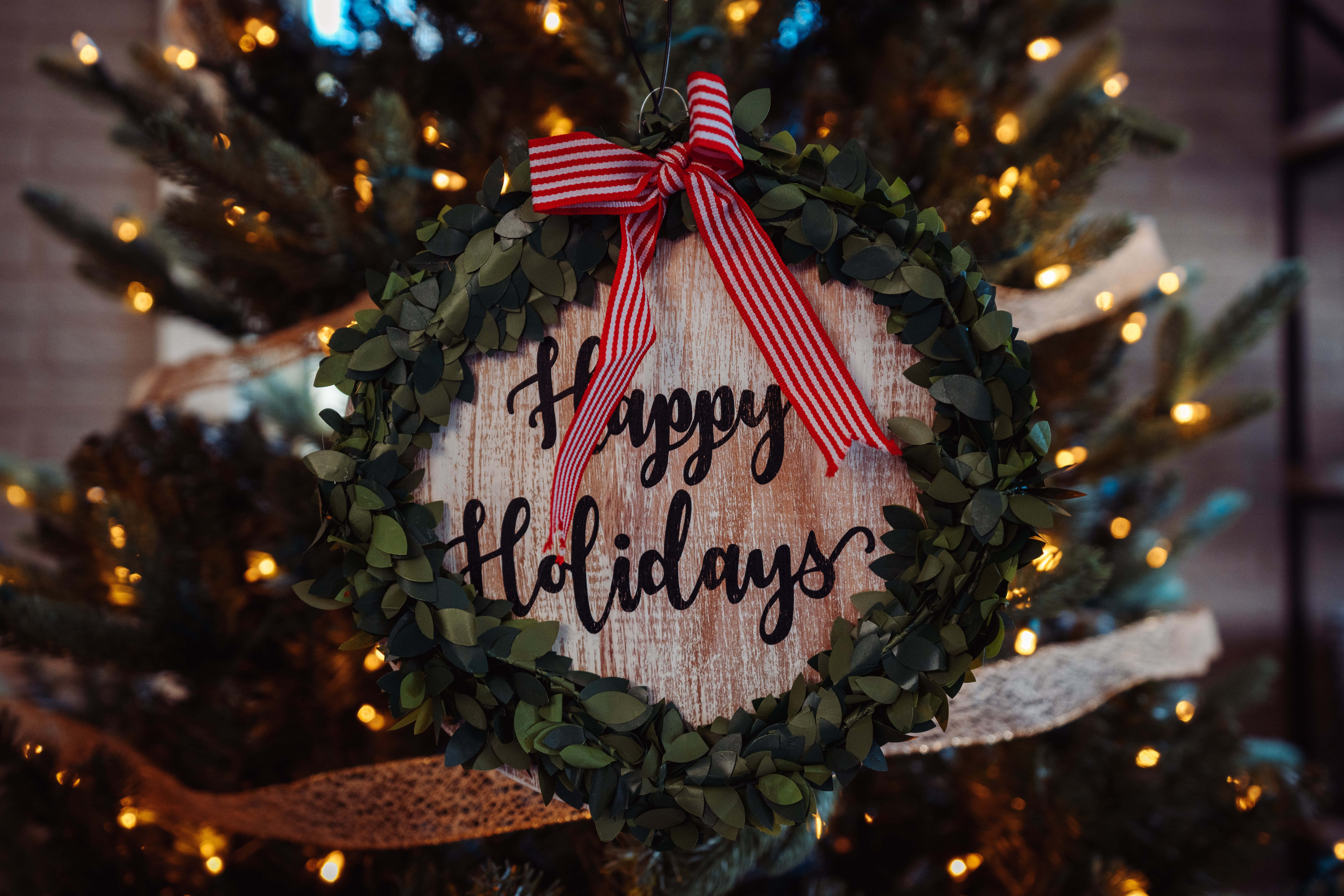 Christmas tree, festive wreath, greenery, 8K Desktop Wallpaper