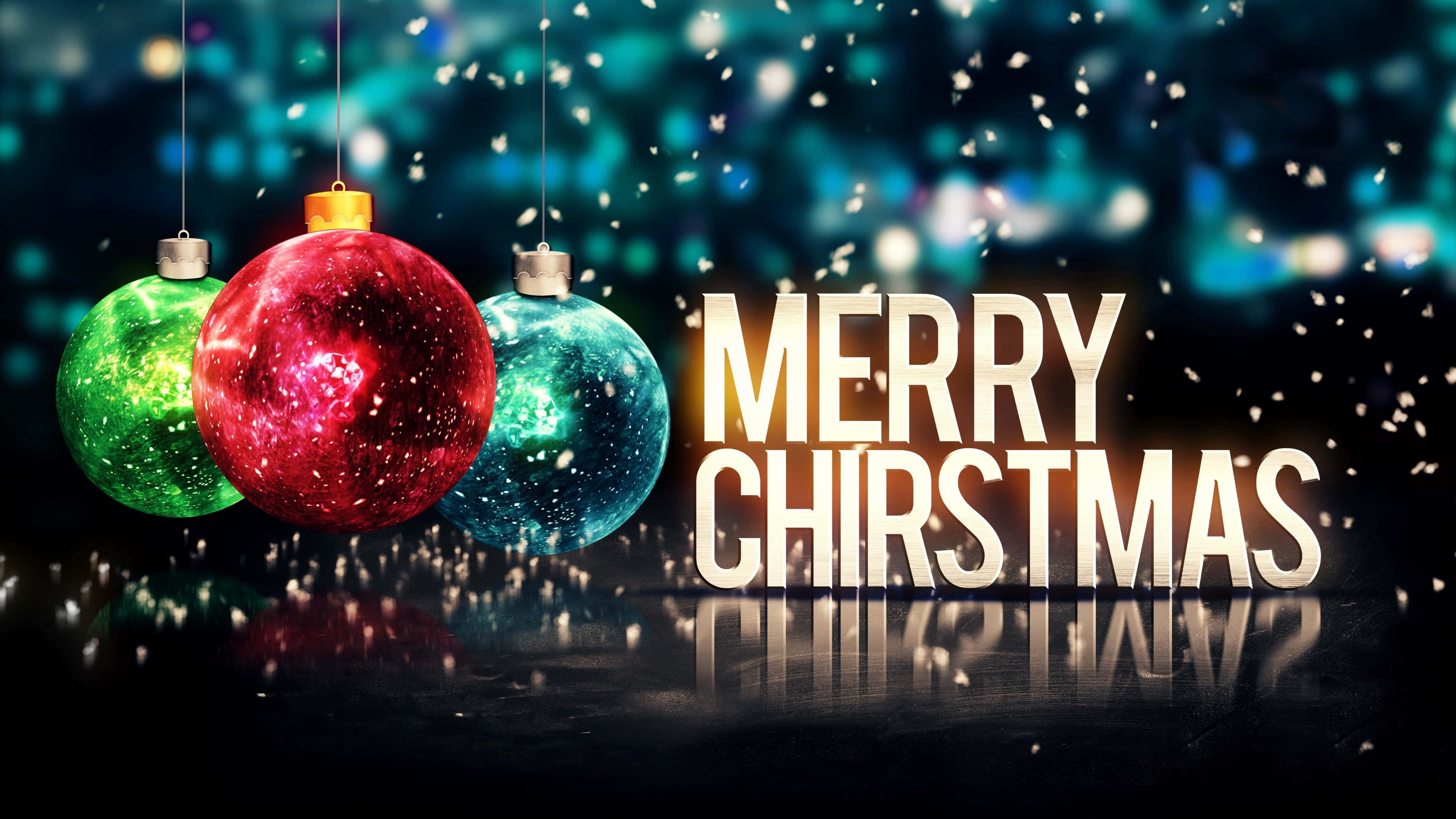 MERRY CHRISTMAS, glittering Christmas ornaments, snowflakes, 4K Desktop Wallpaper