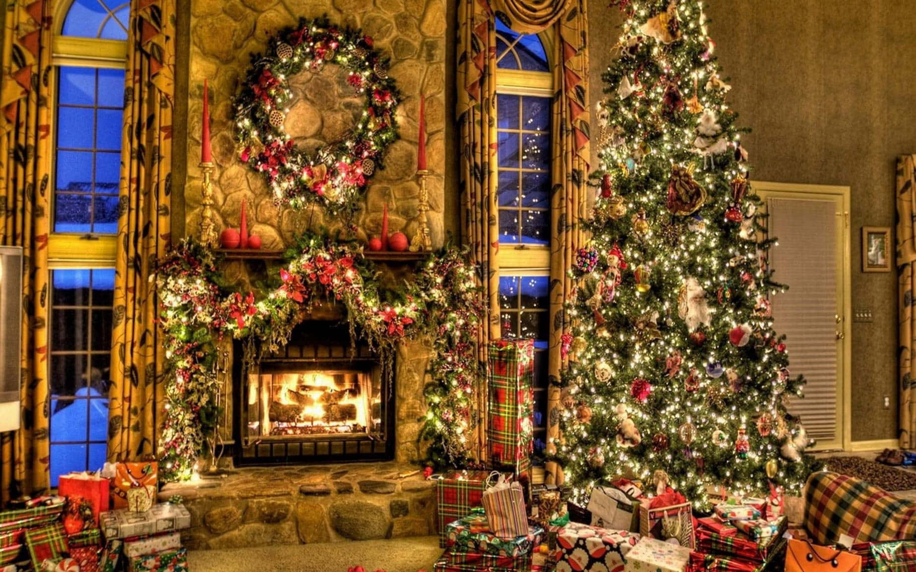 Christmas tree, stone fireplace, festive garlands, HD Desktop Wallpaper