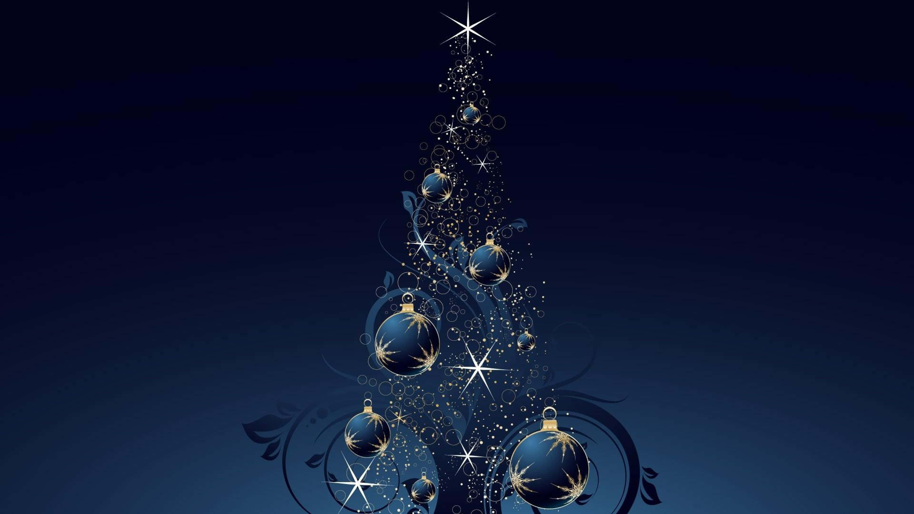 Christmas PC, Christmas tree, blue and gold ornaments, 4K Desktop Wallpaper