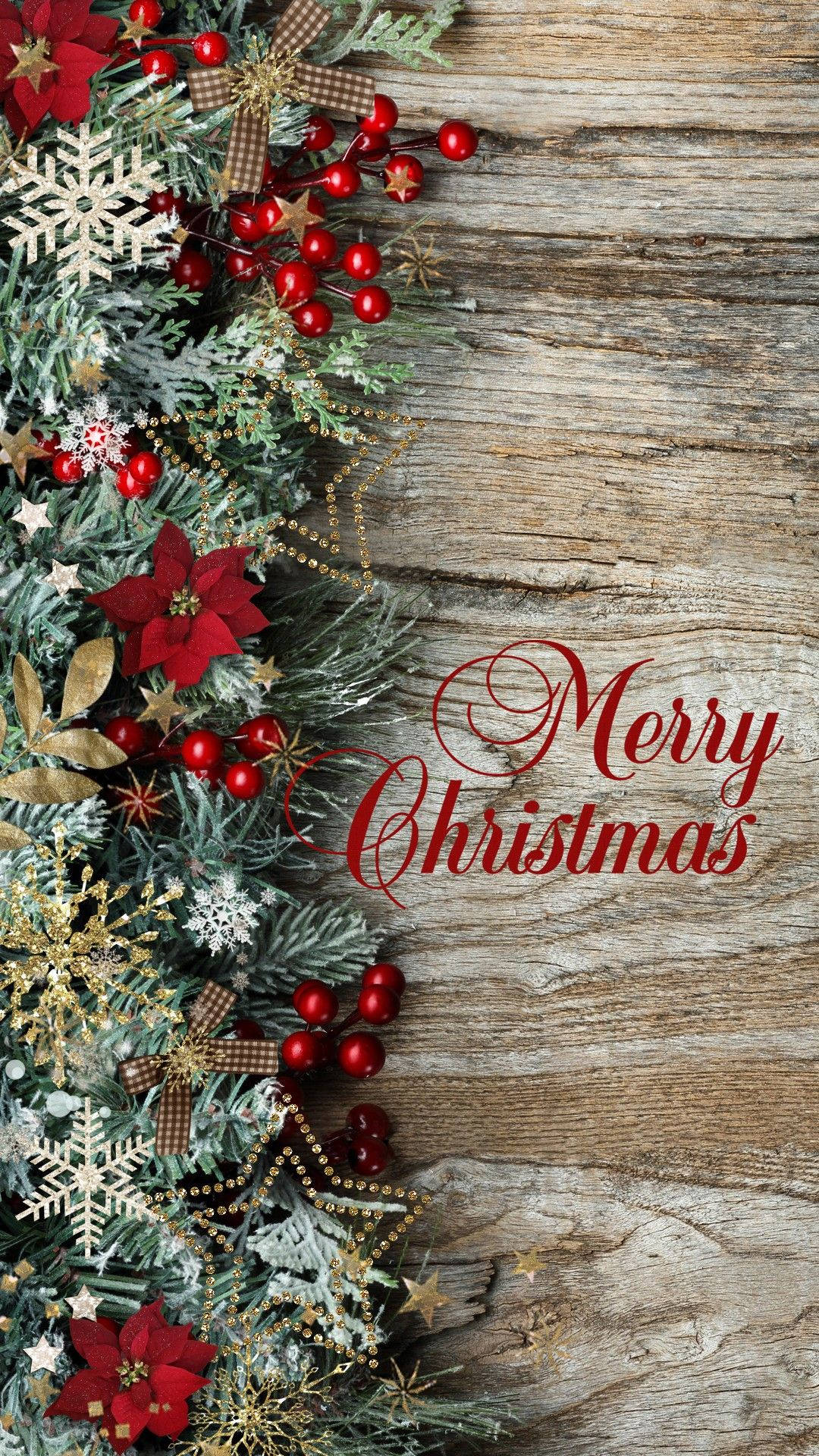 Merry Christmas, red berries, poinsettias, Full HD Phone Wallpaper