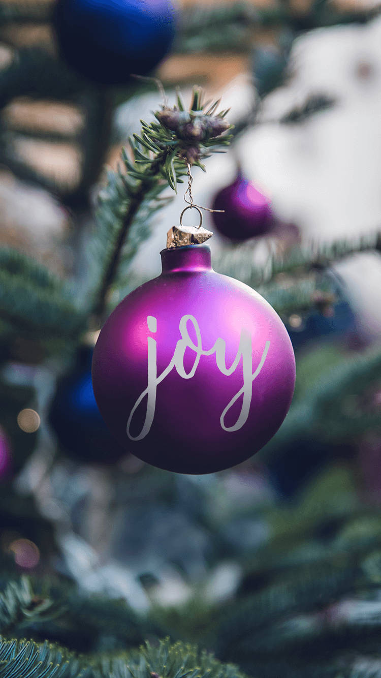 purple joy christmas ball phone, shiny purple Christmas ornament, white cursive, HD Phone Wallpaper