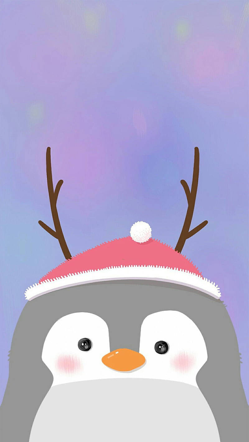 cute cartoon penguin, pink Santa hat, reindeer antlers, HD Phone Wallpaper