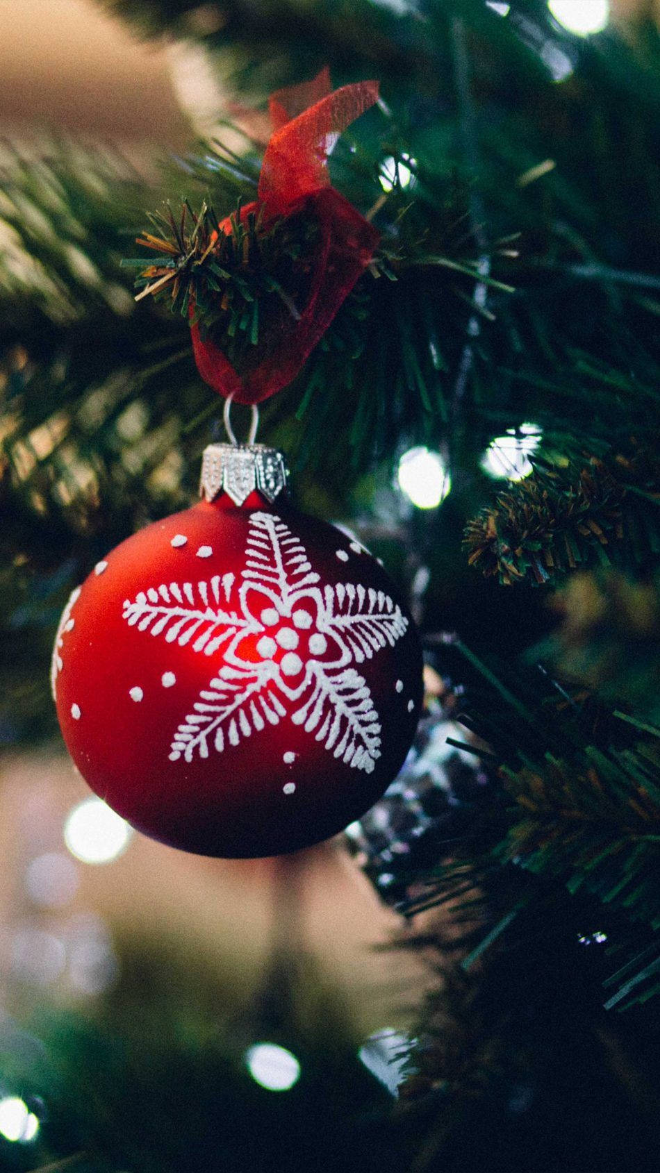 red ball decor, glossy red Christmas ornament, white snowflake design, HD Phone Wallpaper