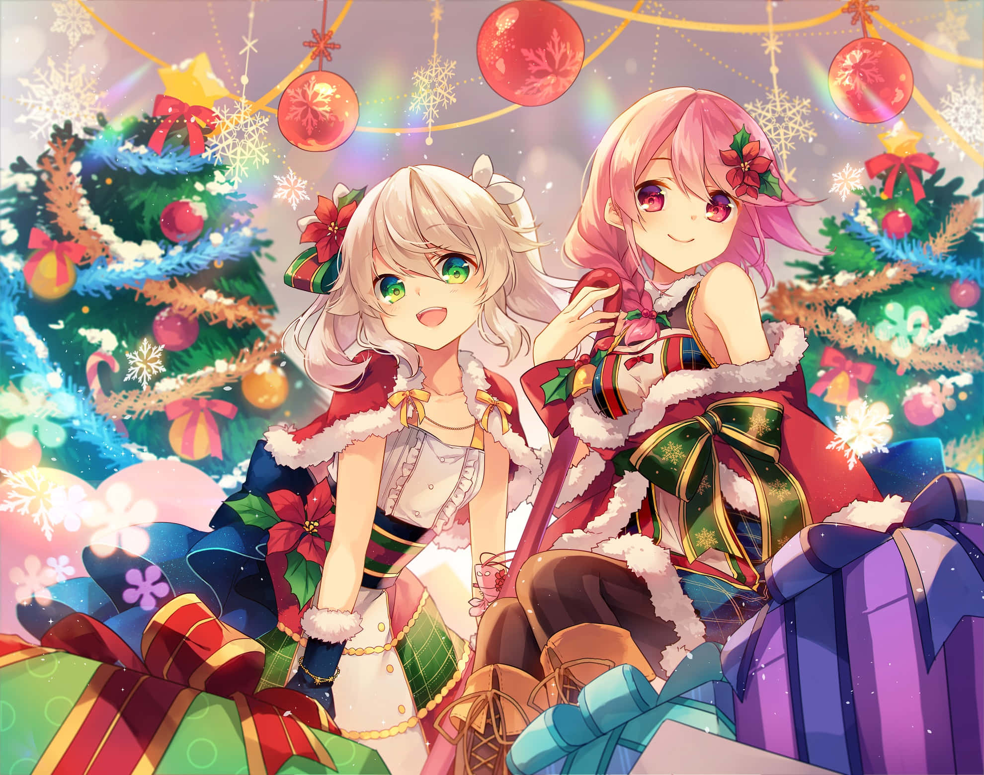 Christmas Anime Pfp Moe Girls, festive Christmas outfits, glowing ornaments, Full HD Desktop Wallpaper