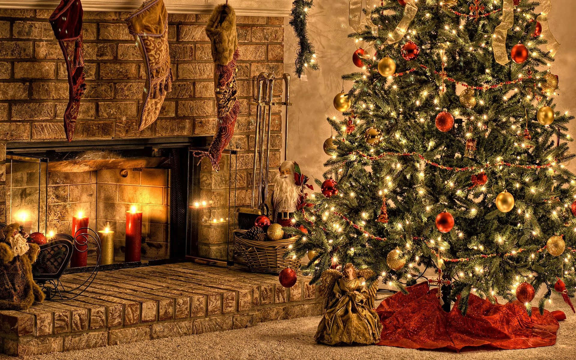Candle Fireplace, Christmas tree, red gold ornaments, Full HD Desktop Wallpaper