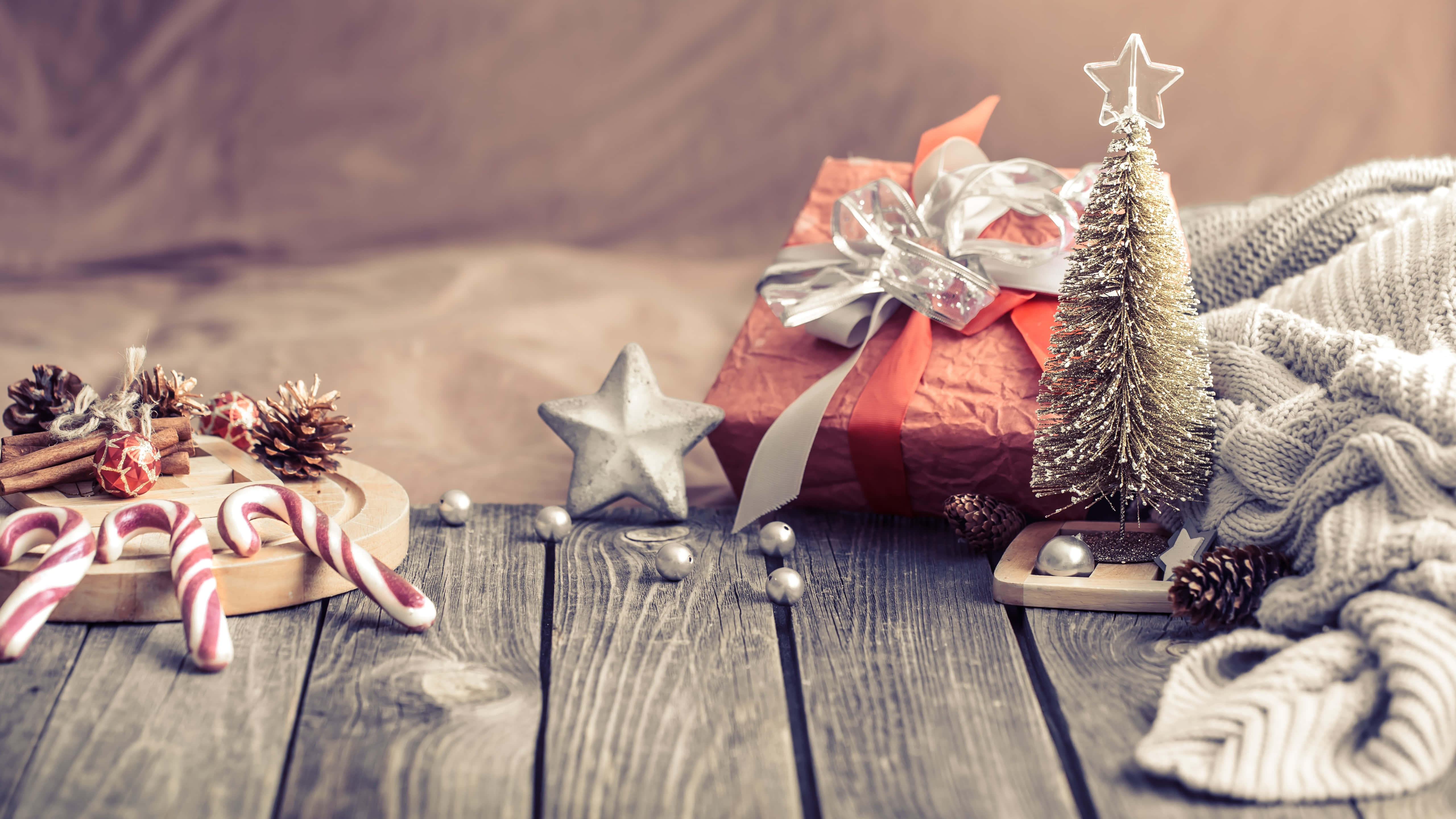candy canes, wrapped gift, pinecones, 5K Desktop Wallpaper