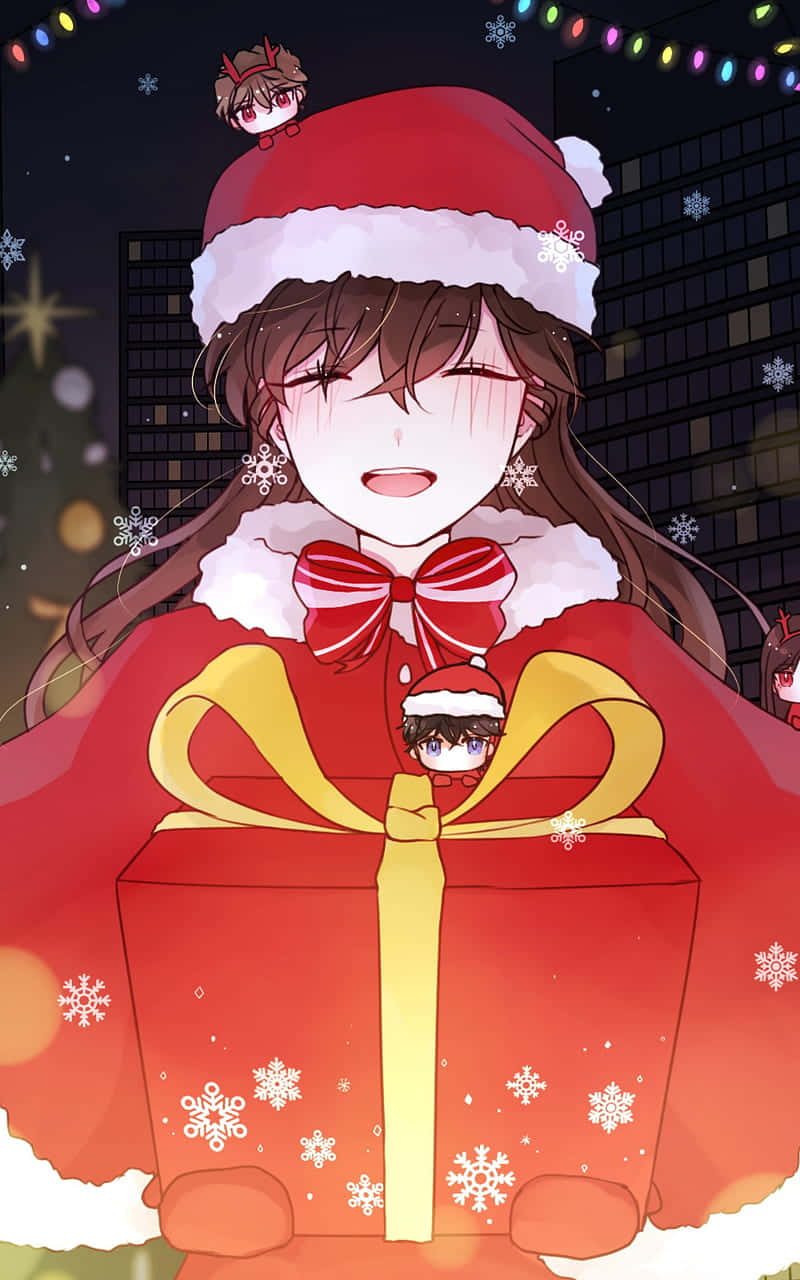 Anime girl, red Santa outfit, giant gift box, HD Phone Wallpaper