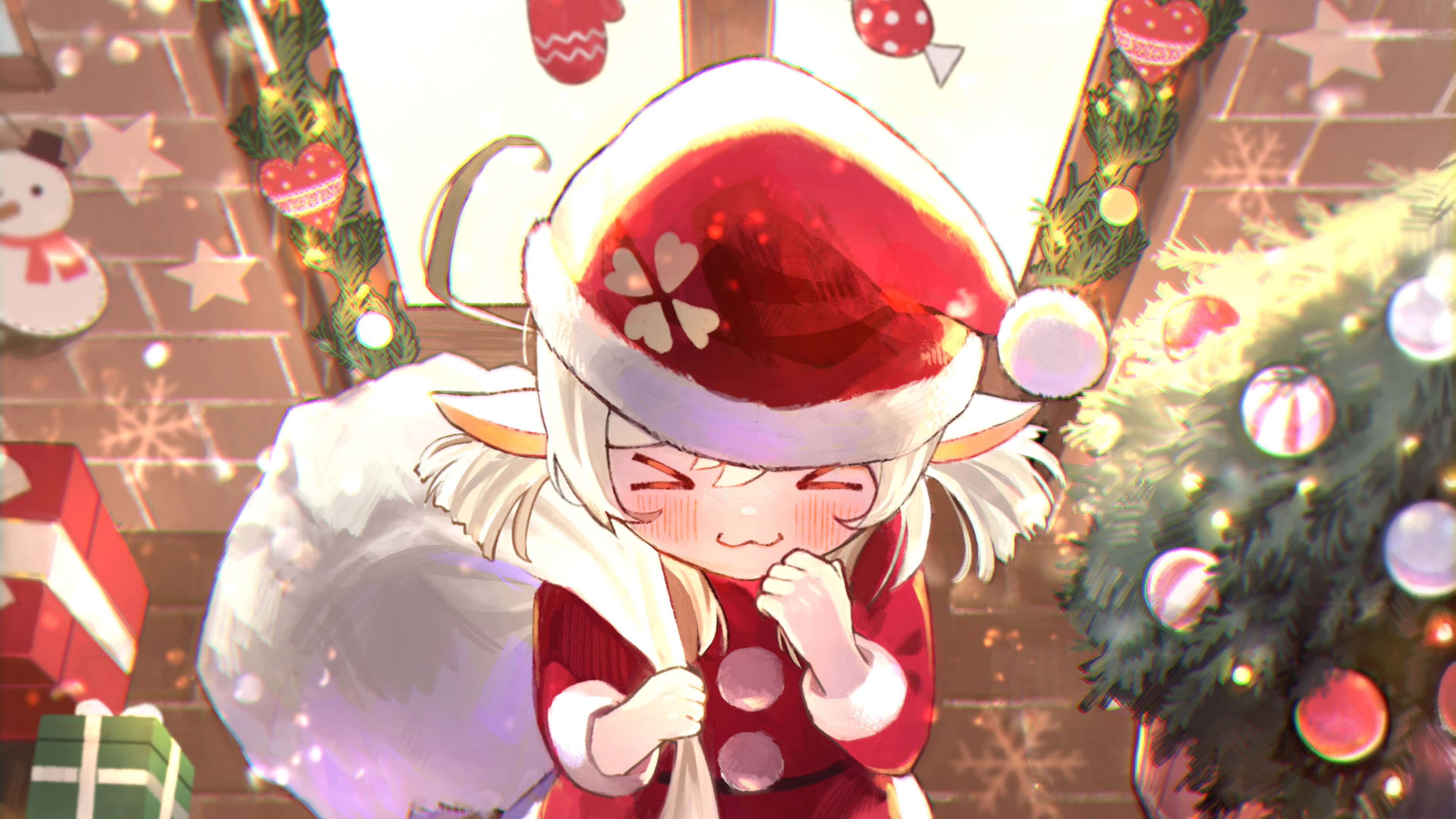 chuckling chibi, red Santa hat, Santa coat, 4K Desktop Wallpaper
