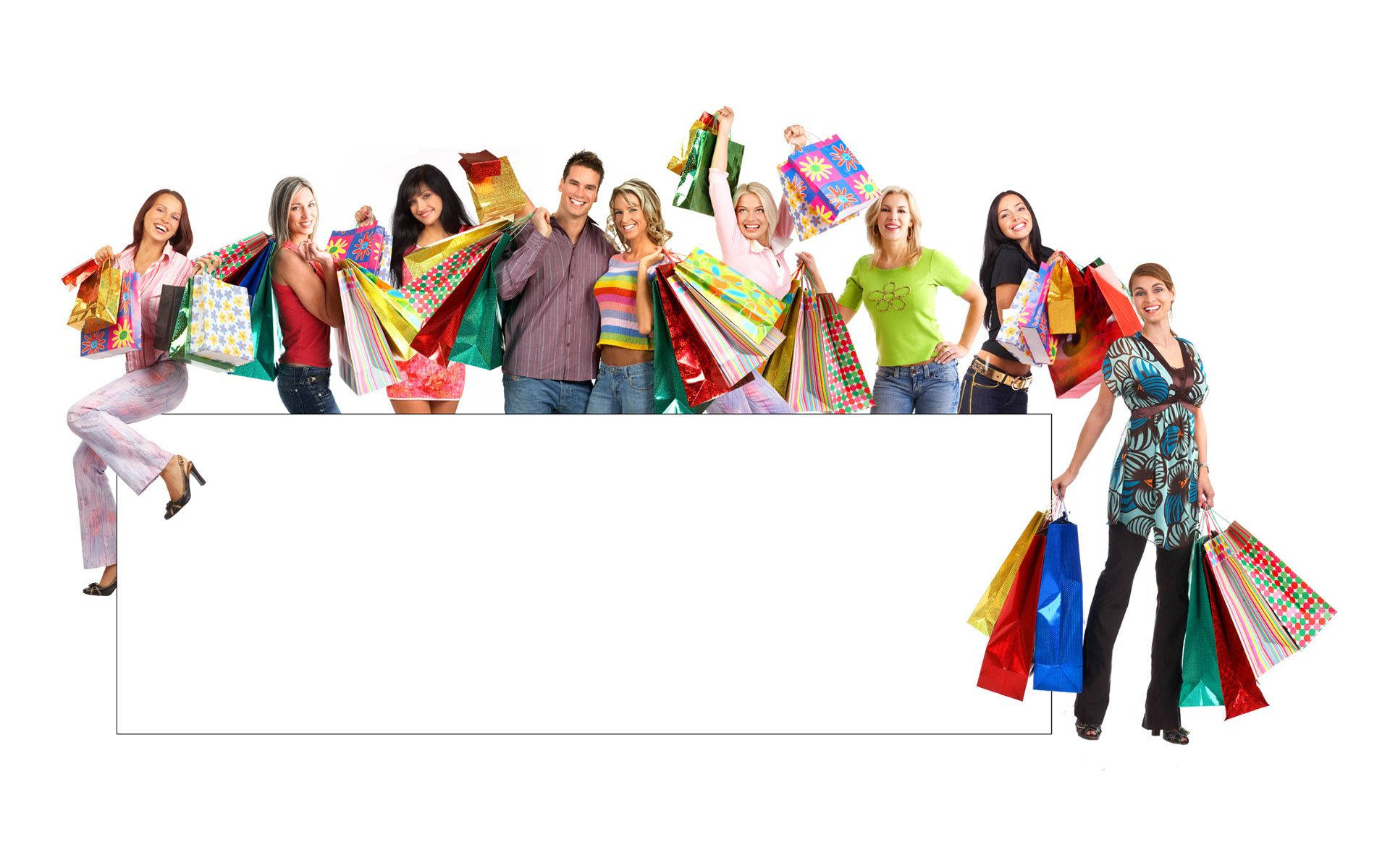 Christmas Shopping Card, colorful bags, blank white sign, Full HD Desktop Wallpaper