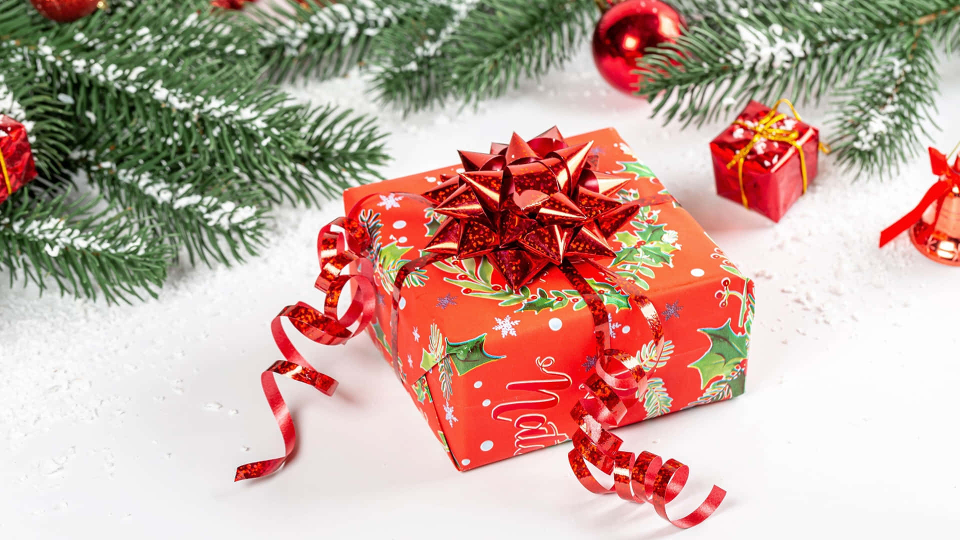 festive red gift box, glittery bow, holiday patterns, Full HD Desktop Wallpaper