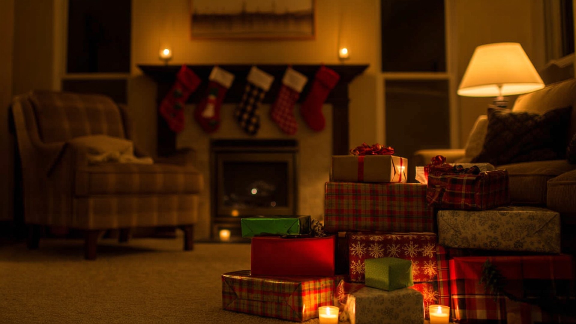 fireplace, Christmas presents, festive stockings, Full HD Desktop Wallpaper