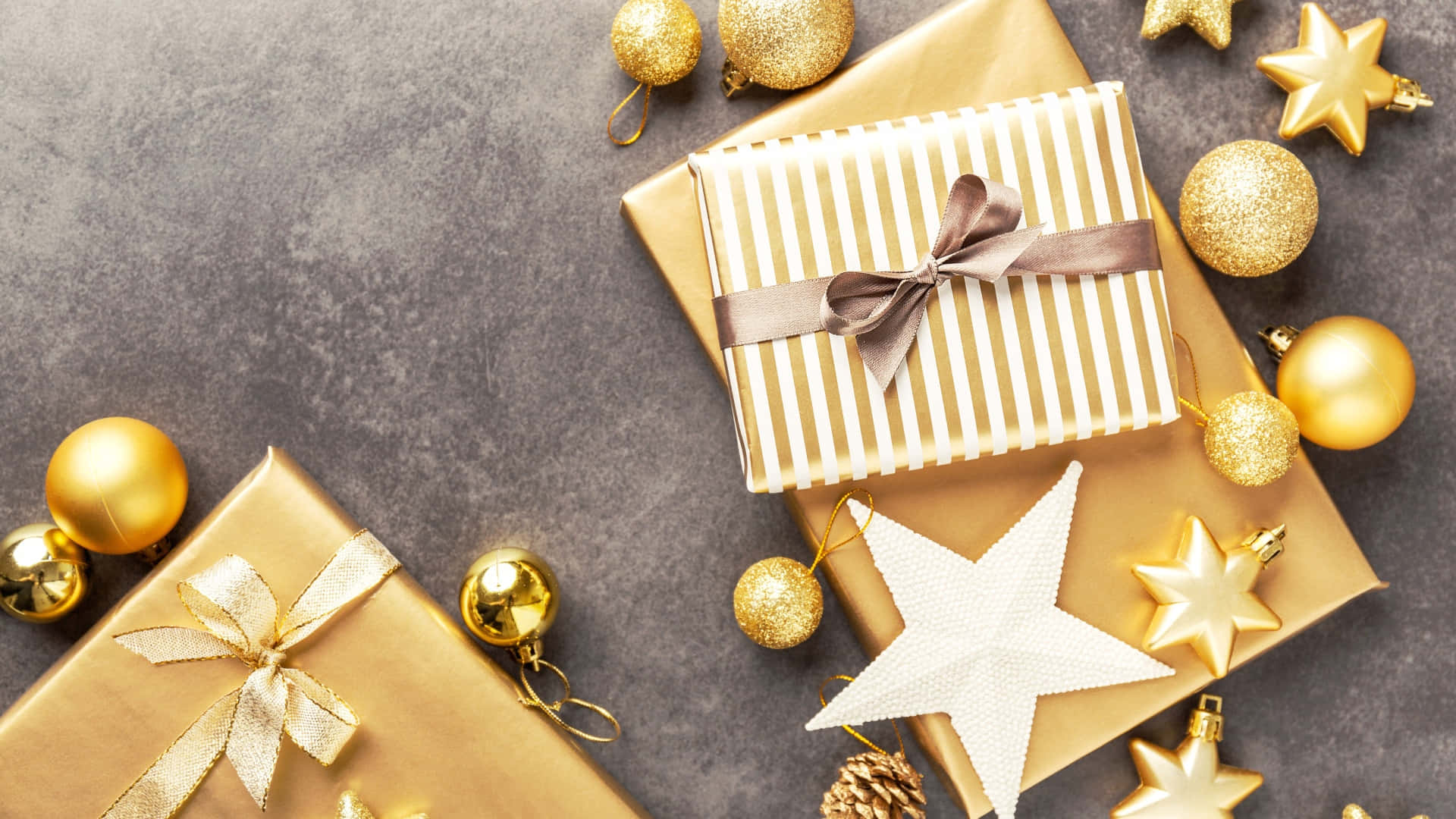 golden striped gift boxes, solid gift boxes, bows, Full HD Desktop Wallpaper