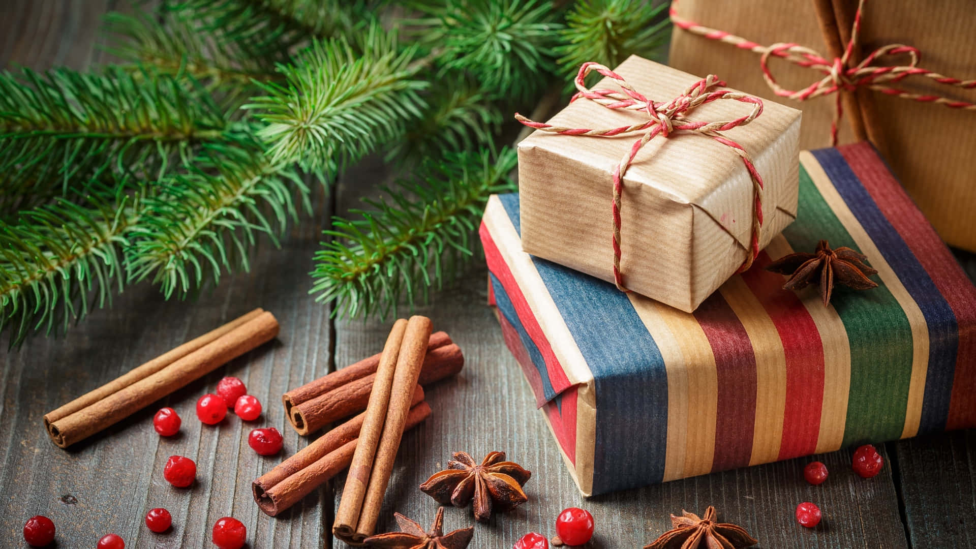 kraft paper, striped paper, pine branches, Full HD Desktop Wallpaper