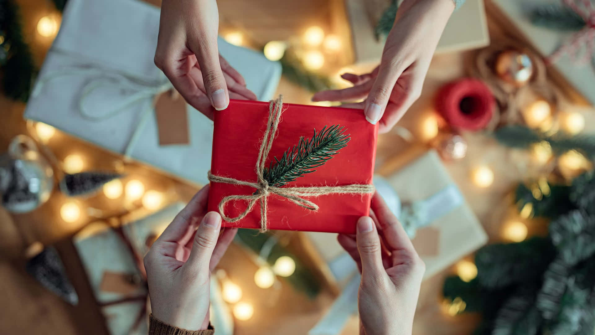 red gift, twine, pine sprig, Full HD Desktop Wallpaper