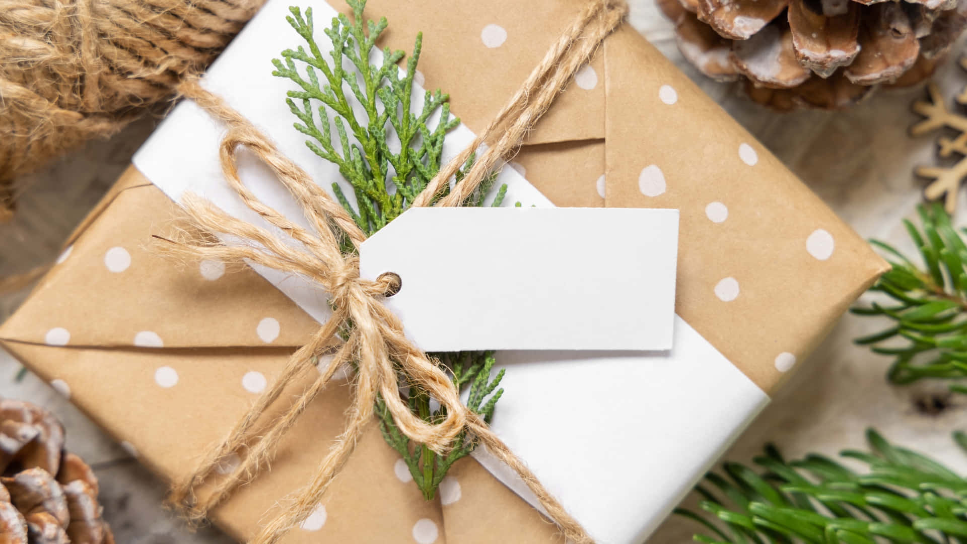 rustic gift, brown polka dot paper, twine, Full HD Desktop Wallpaper
