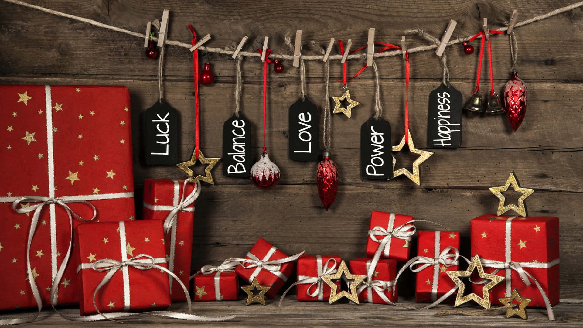 red gift boxes, gold stars, white ribbons, Full HD Desktop Wallpaper