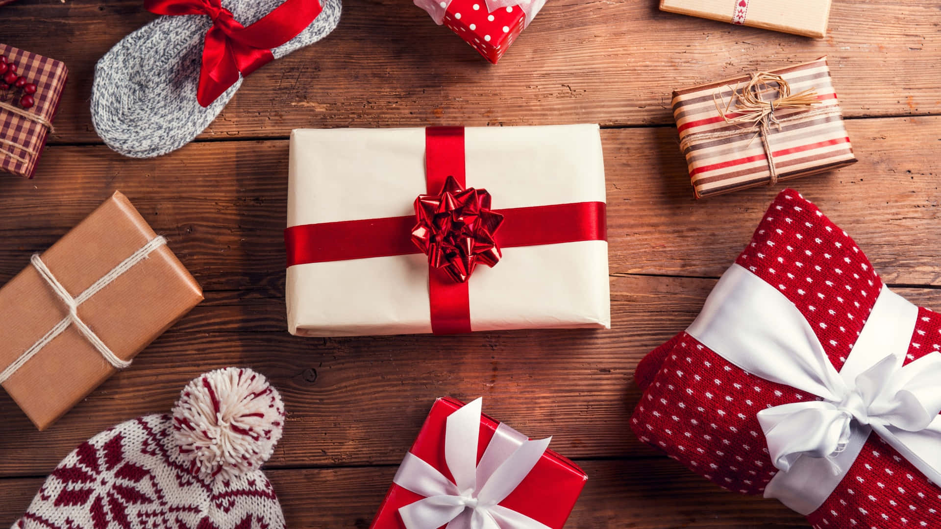 Christmas Presents, wrapped neatly, festive overhead view, Full HD Desktop Wallpaper
