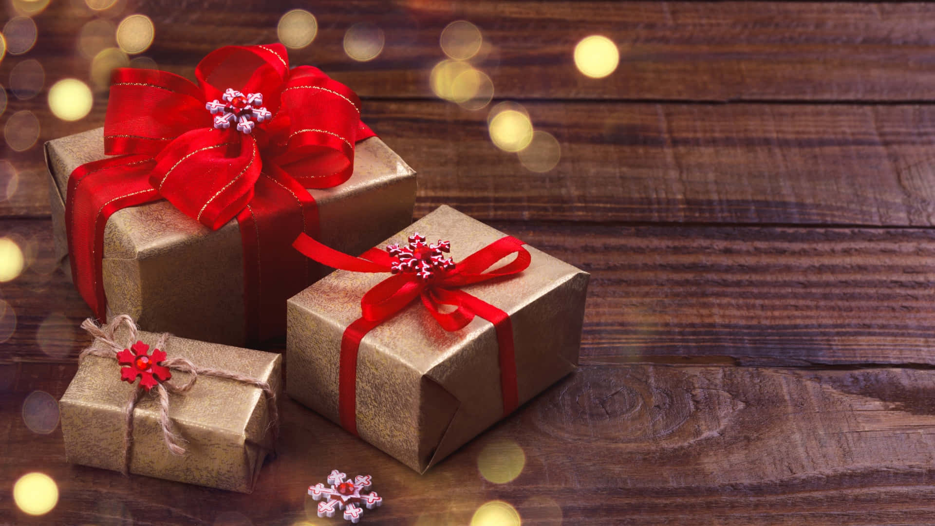 gold-wrapped gifts, red bows, snowflake decorations, Full HD Desktop Wallpaper