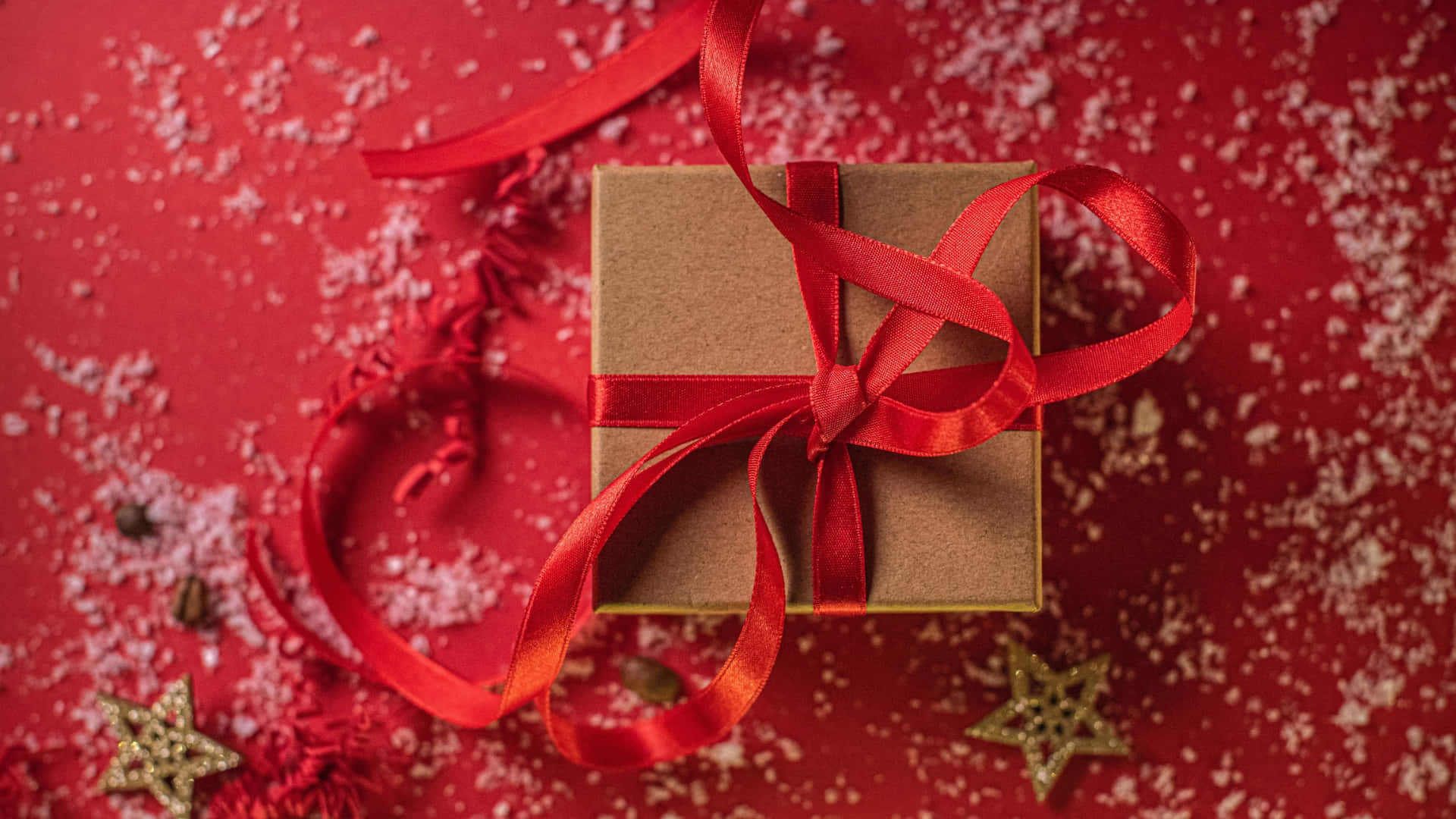 brown gift box, red satin ribbon, red surface, Full HD Desktop Wallpaper