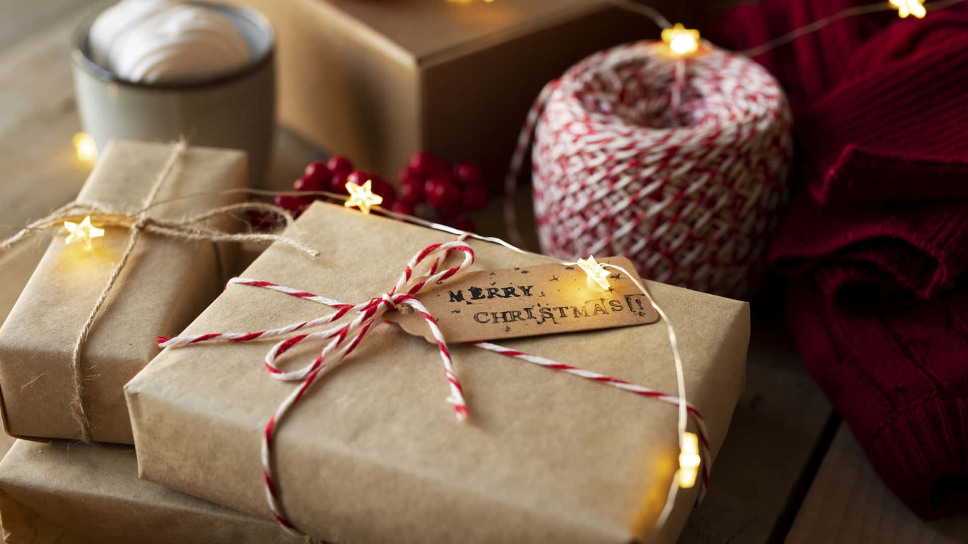 rustic brown paper, red white twine, glowing star lights, Full HD Desktop Wallpaper