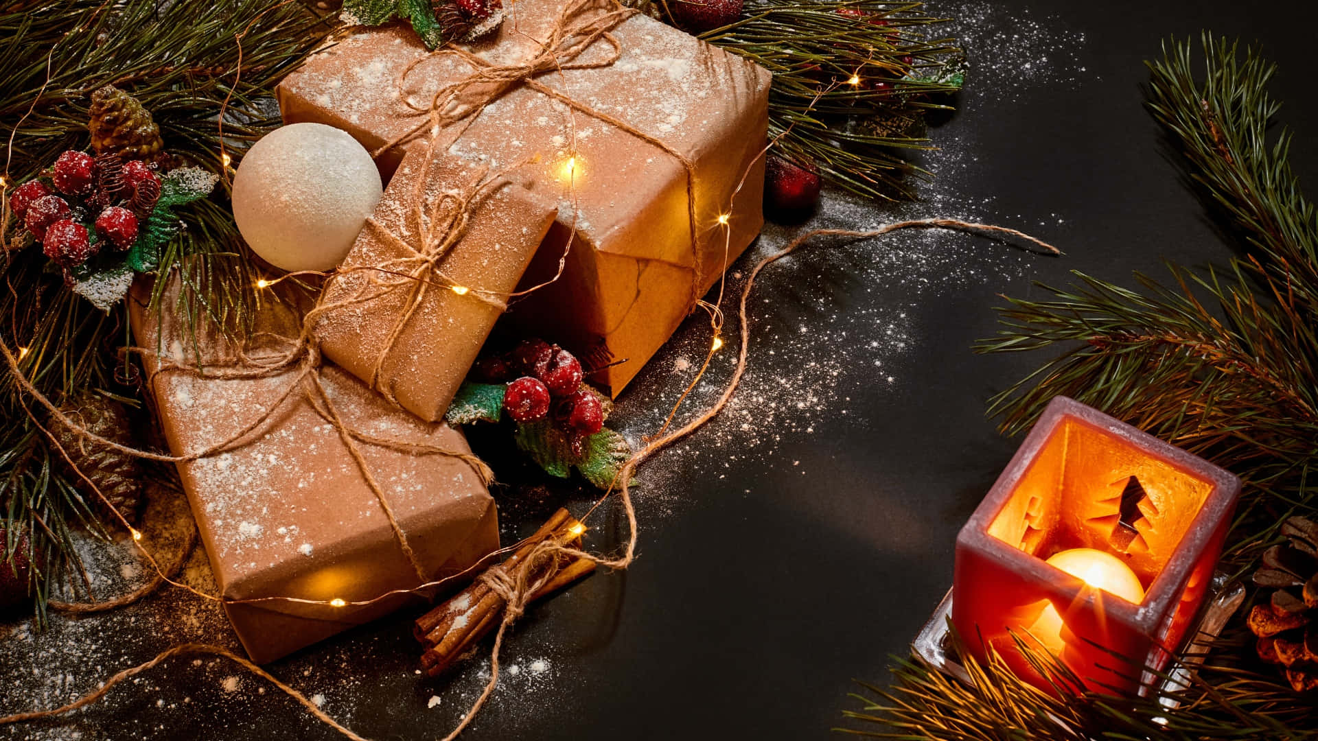 brown gift boxes, twine, pine branches, Full HD Desktop Wallpaper