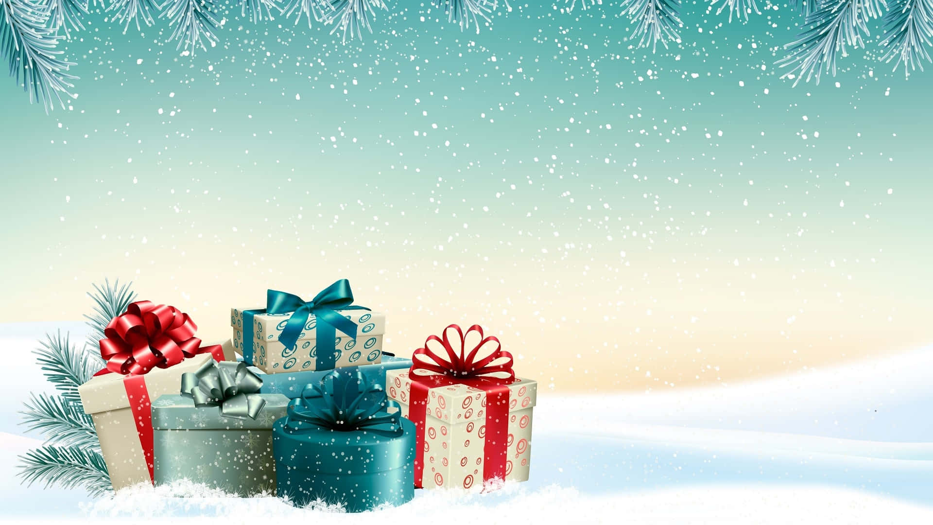 Christmas Presents, snowy landscape, pine branches, Full HD Desktop Wallpaper