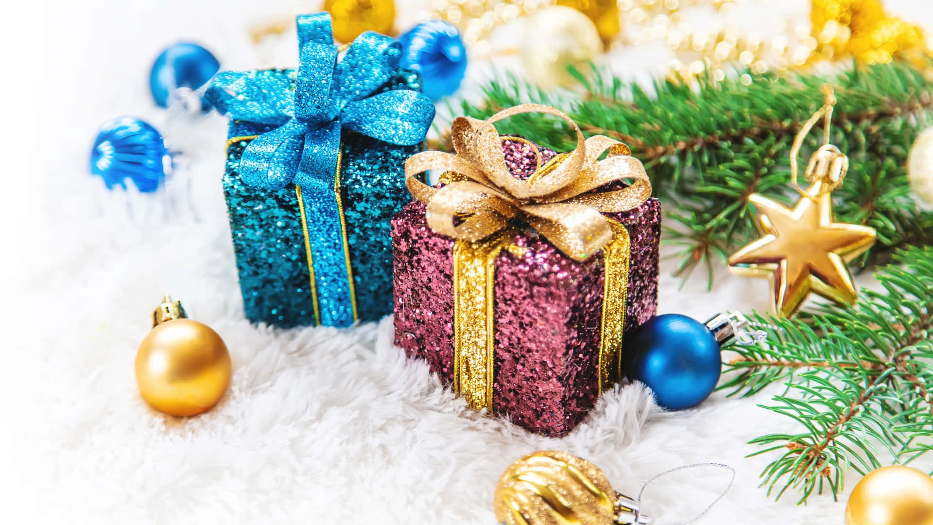 glittering gift boxes, bows, fluffy white fur, Full HD Desktop Wallpaper