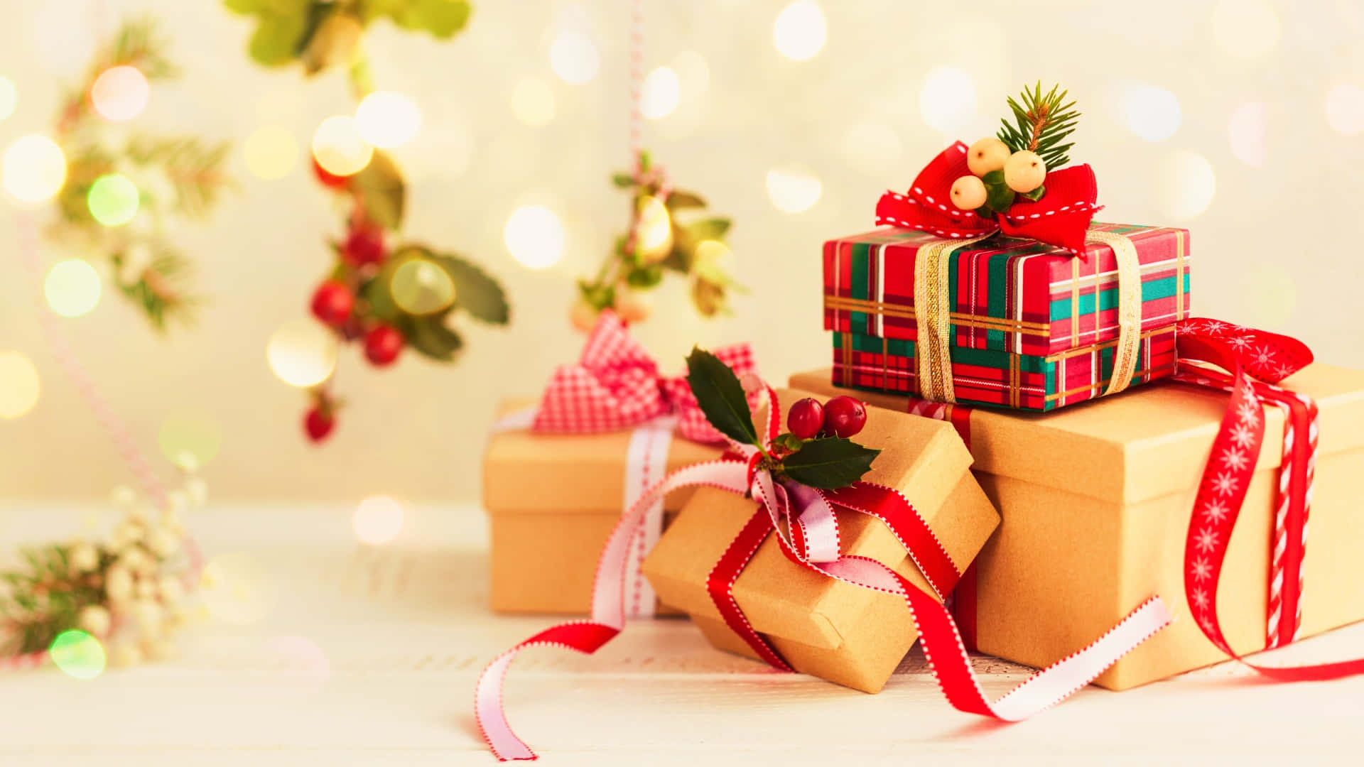 plaid, kraft paper, red ribbons, Full HD Desktop Wallpaper