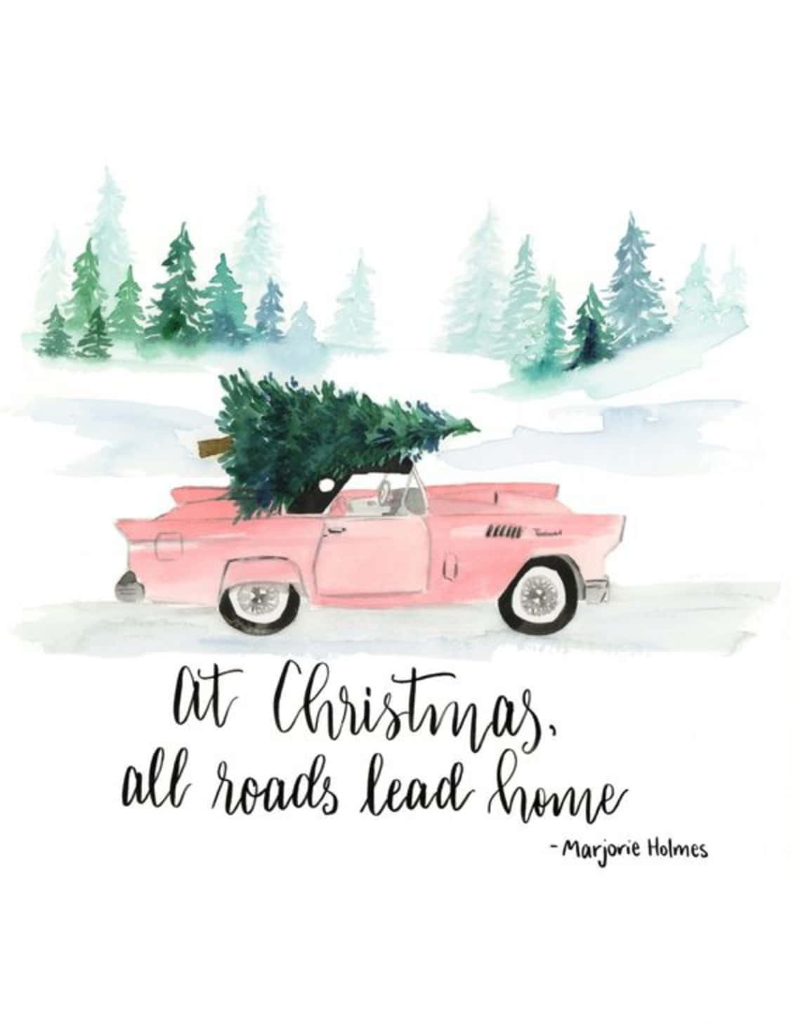 Pink Car, Christmas tree, snowy forest, HD Phone Wallpaper