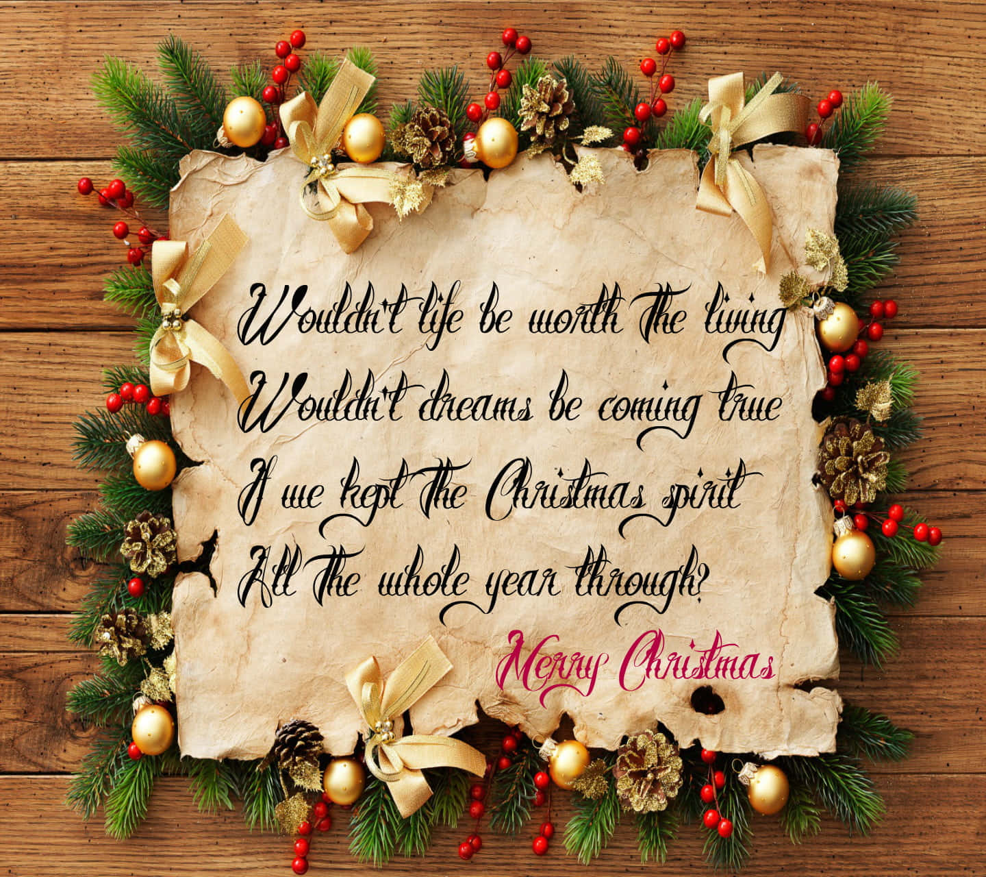 Christmas Quote, pine garland, gold ornaments, HD Desktop Wallpaper