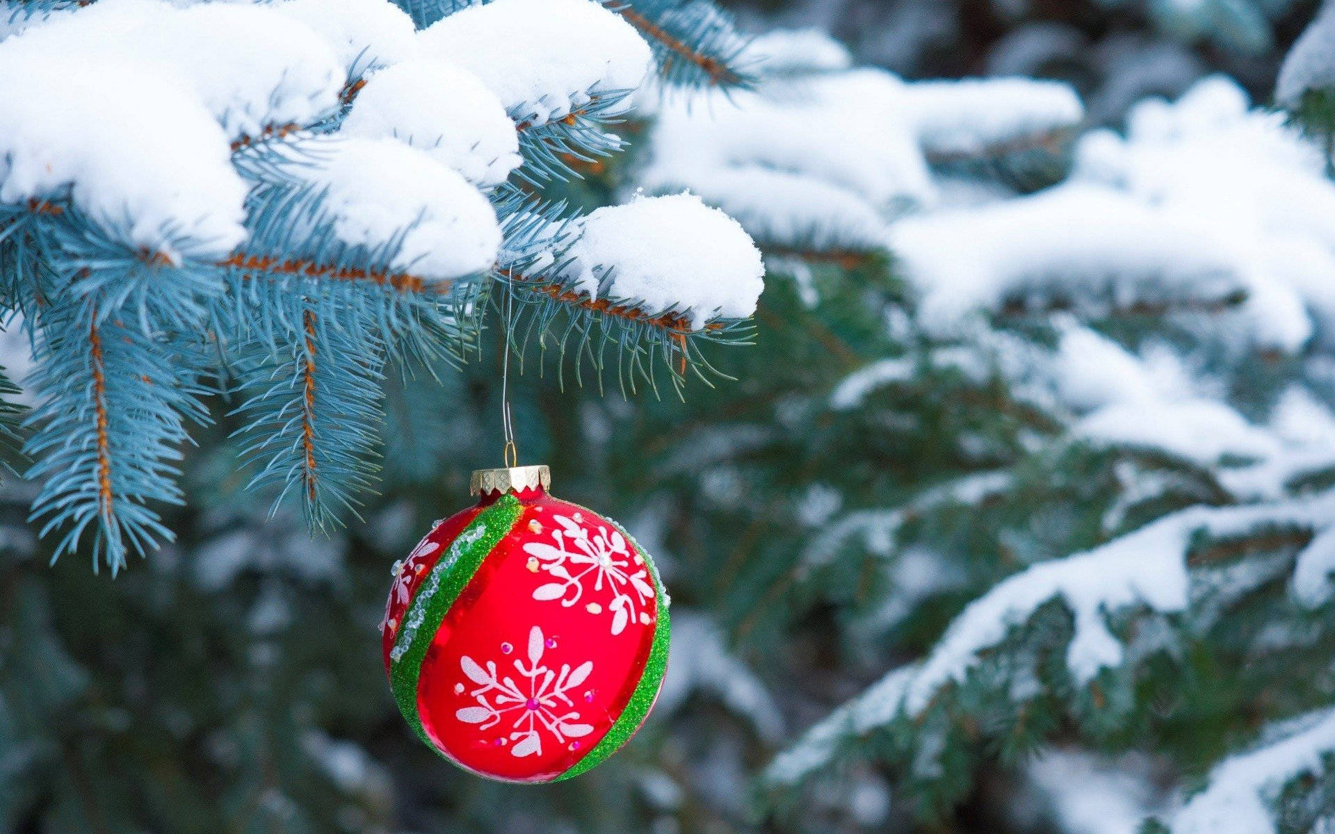 snowy christmas, red Christmas ornament, white snowflakes, Full HD Desktop Wallpaper