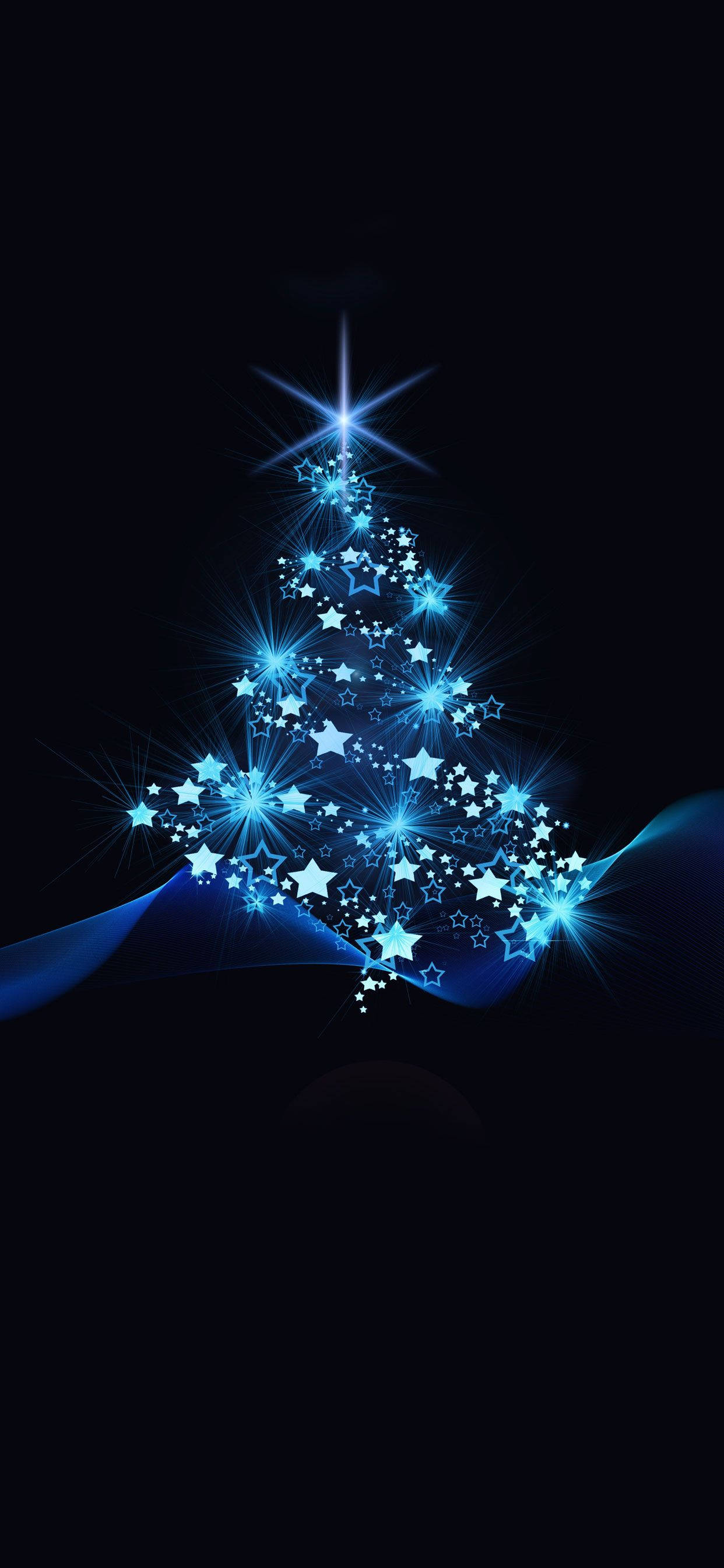 black christmas, blue star-shaped Christmas tree, black background, 2K Phone Wallpaper
