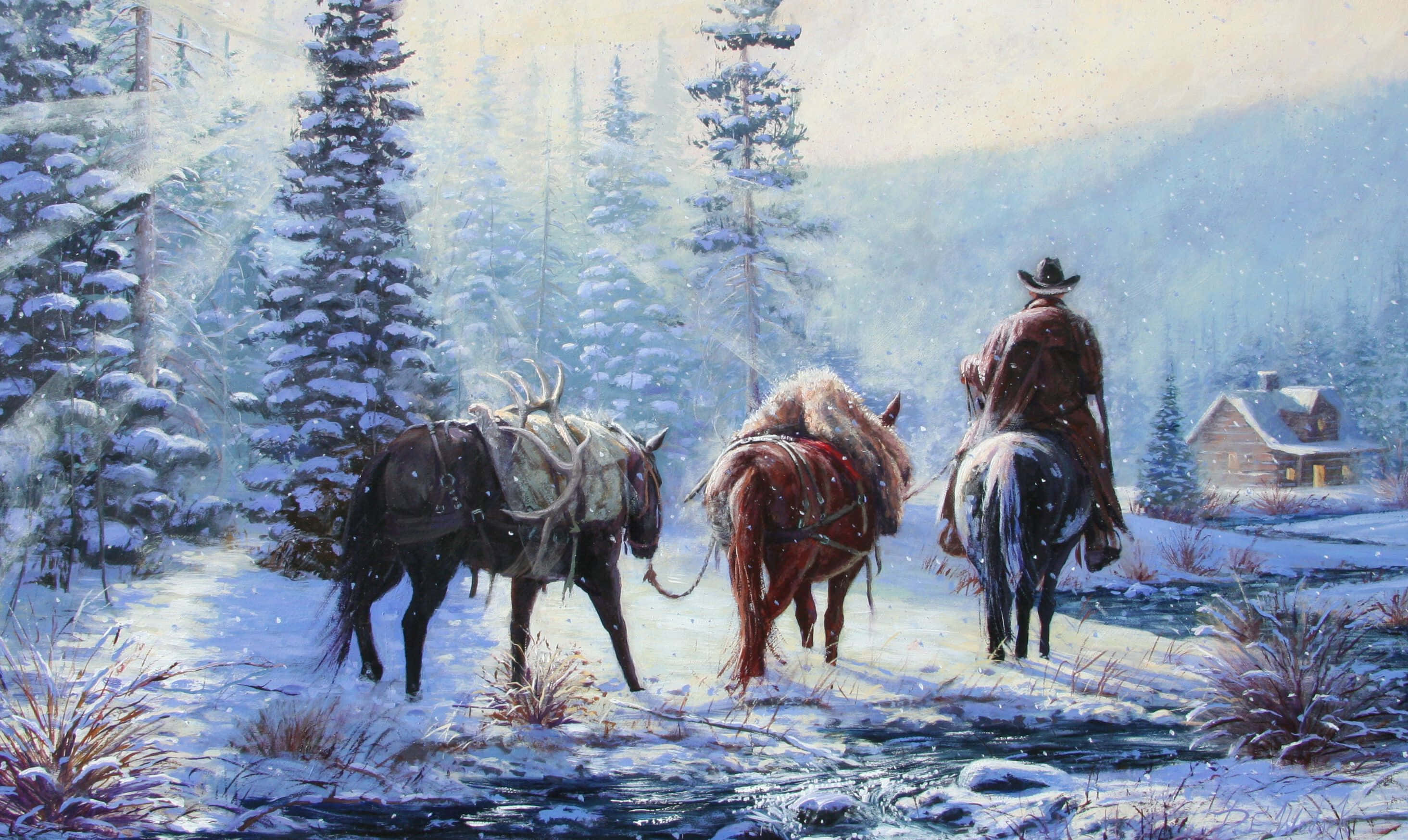 cowboy, snowy forest, horses, 2K Desktop Wallpaper
