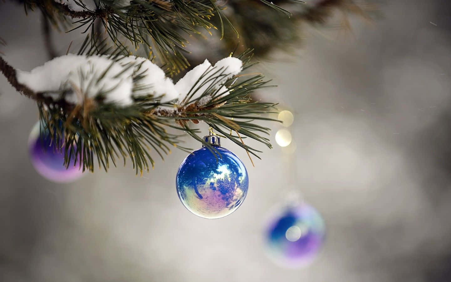 Christmas ornament, iridescent blue, pine needles, HD Desktop Wallpaper