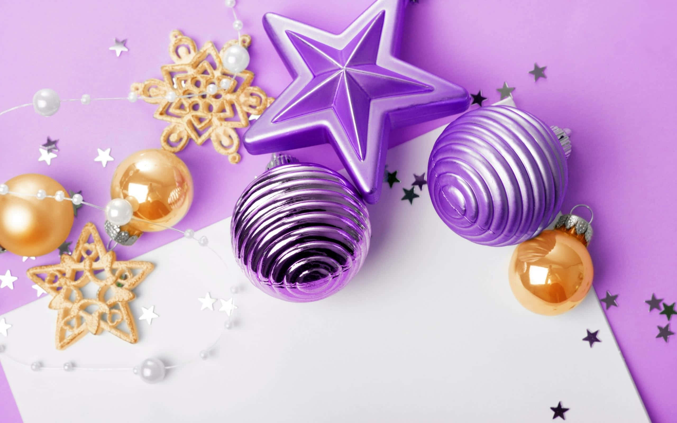 purple Christmas, purple and gold holiday ornaments, stars, 2K Desktop Wallpaper