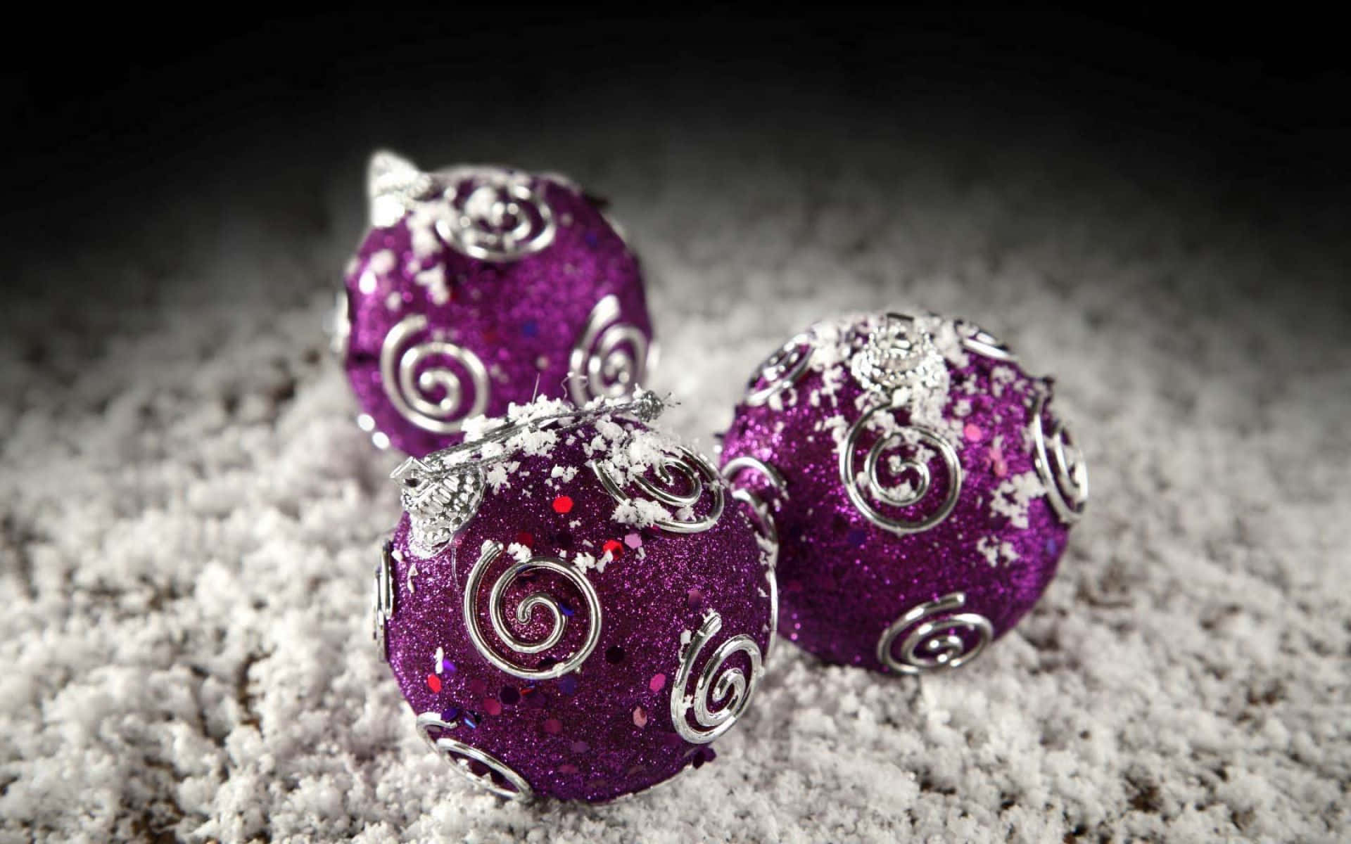 purple Christmas ornaments, silver swirls, white snow, Full HD Desktop Wallpaper