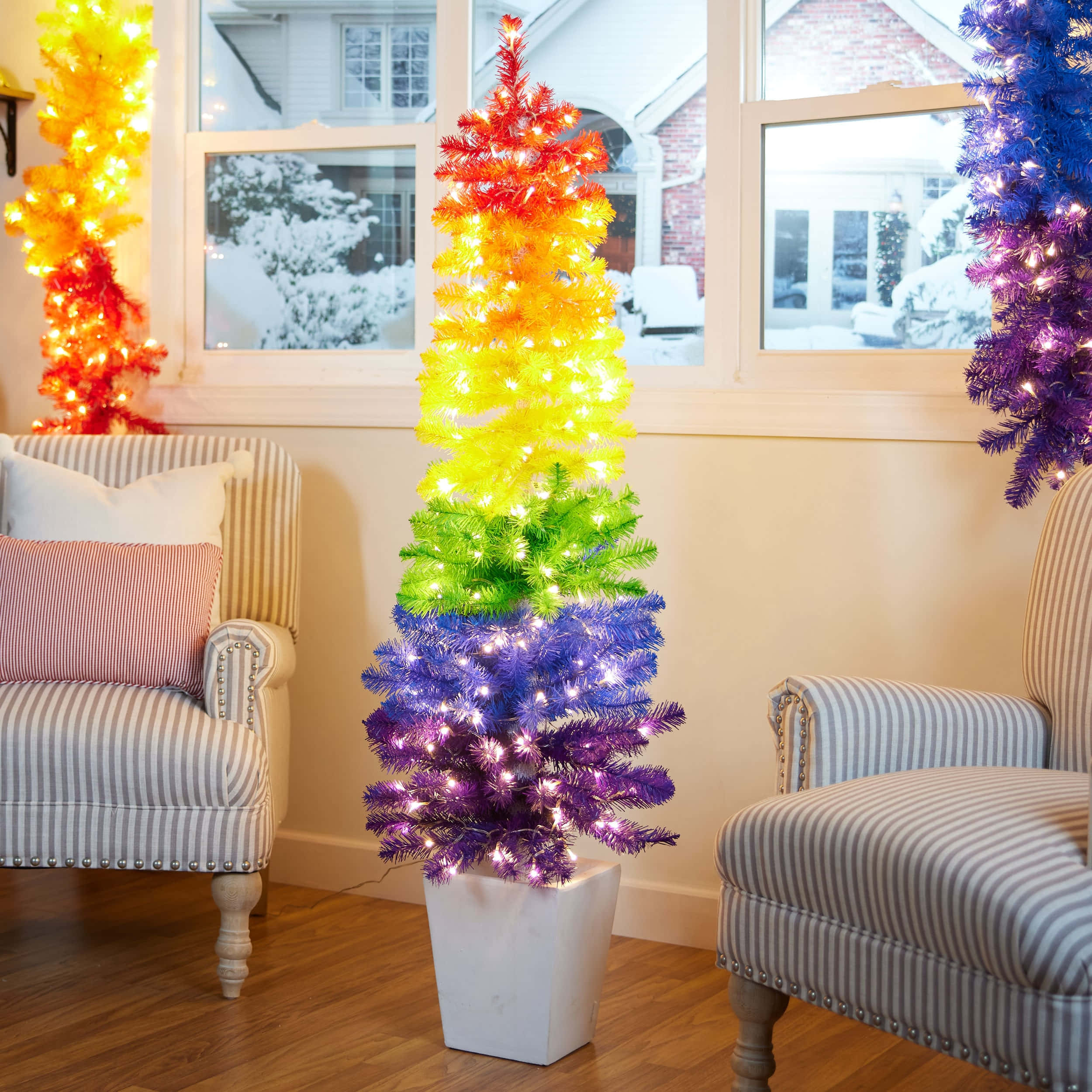 Christmas Rainbow, artificial tree, striped chairs, Full HD Desktop Wallpaper