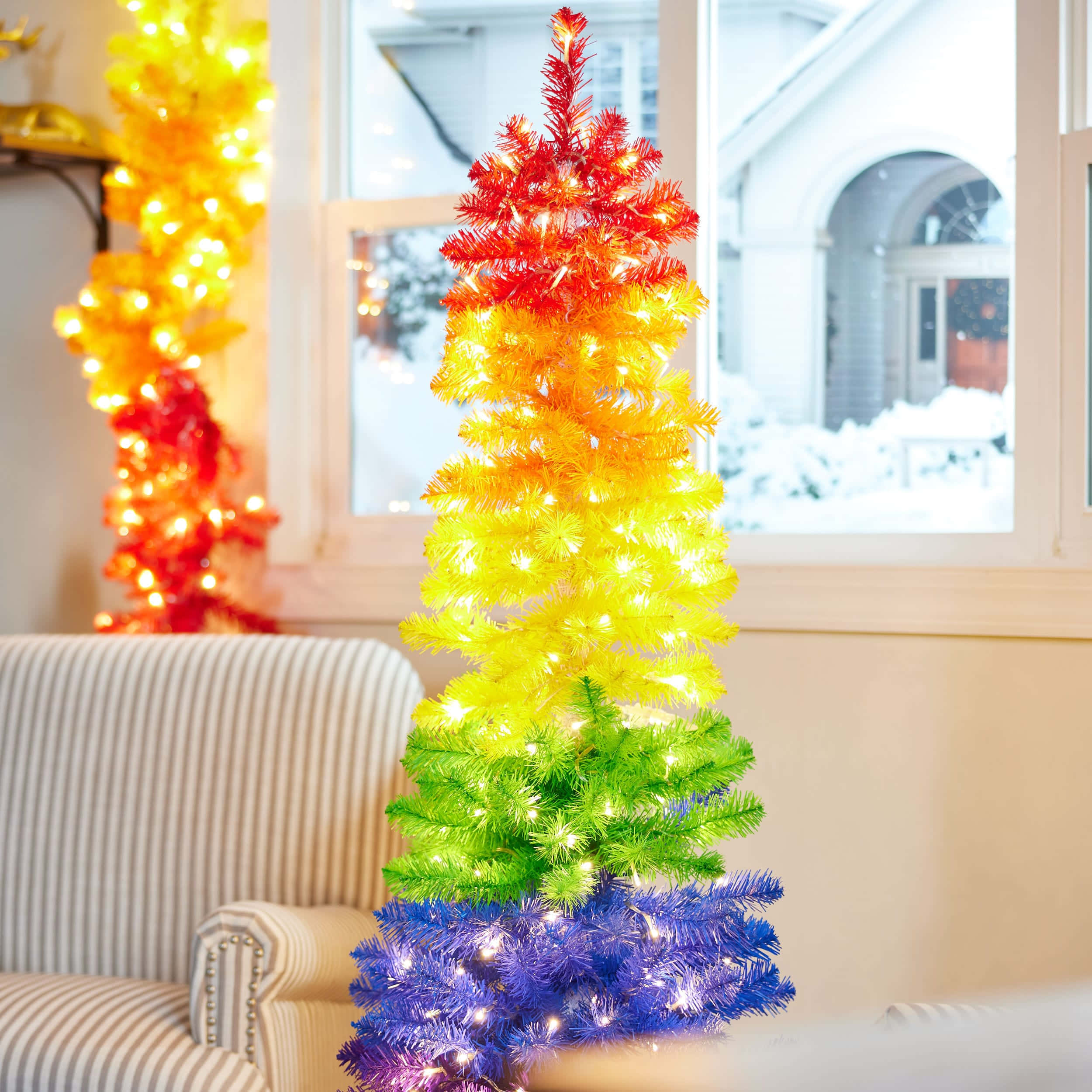colorful indoor Christmas tree, rainbow lights, glowing lights, Full HD Desktop Wallpaper