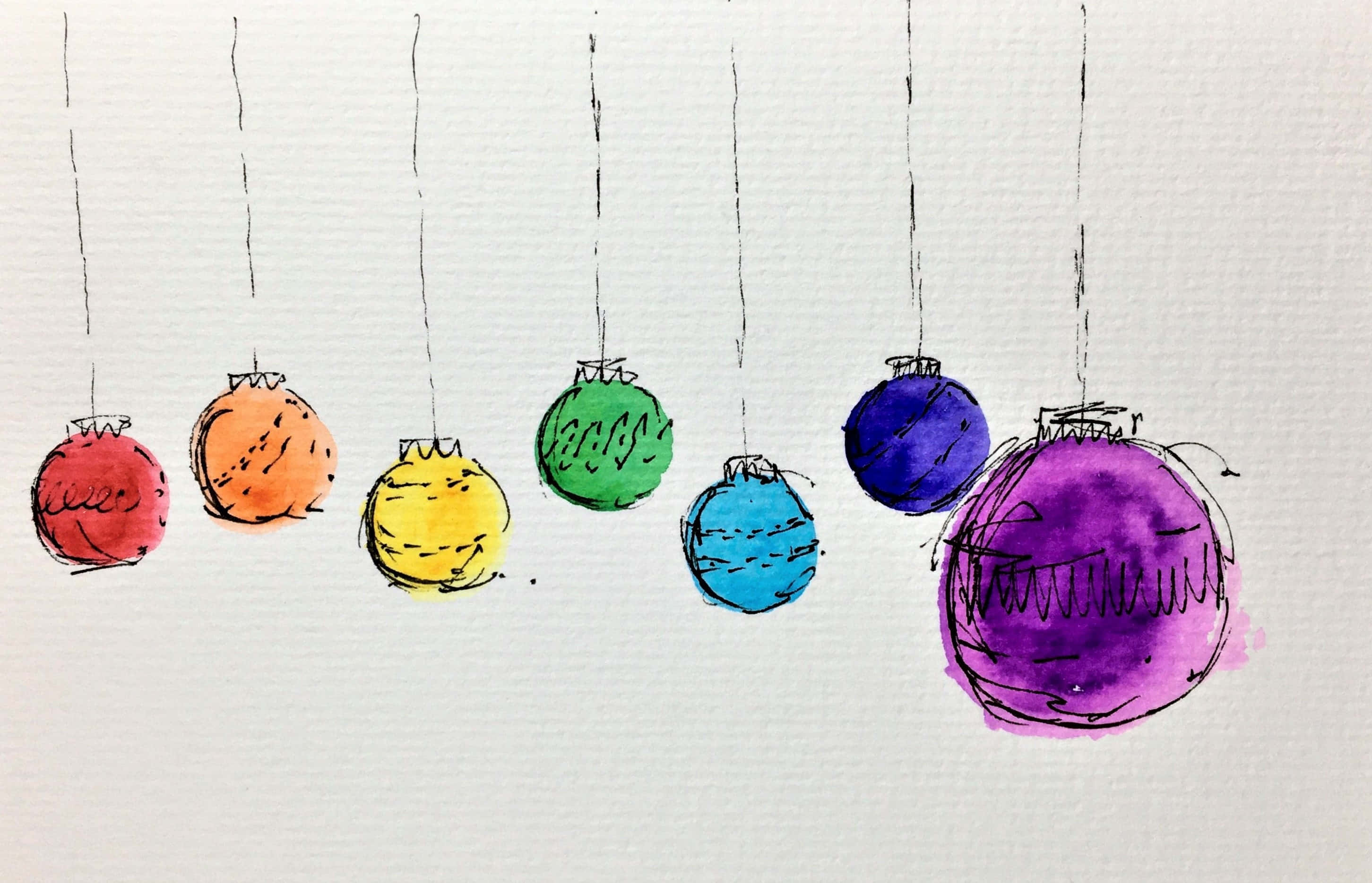 colorful Christmas ornaments, rainbow colors, hand-drawn watercolor, 2K Desktop Wallpaper