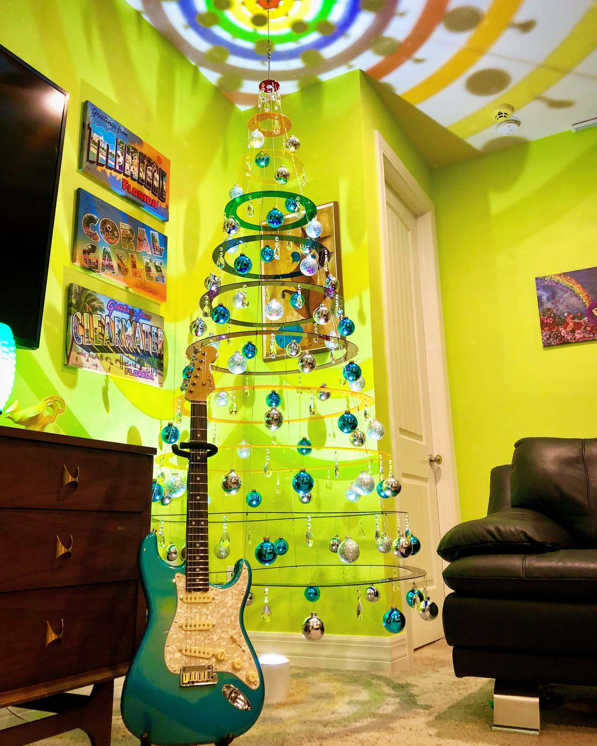 turquoise electric guitar, blue ornaments, vibrant lime green walls, 2K Phone Wallpaper