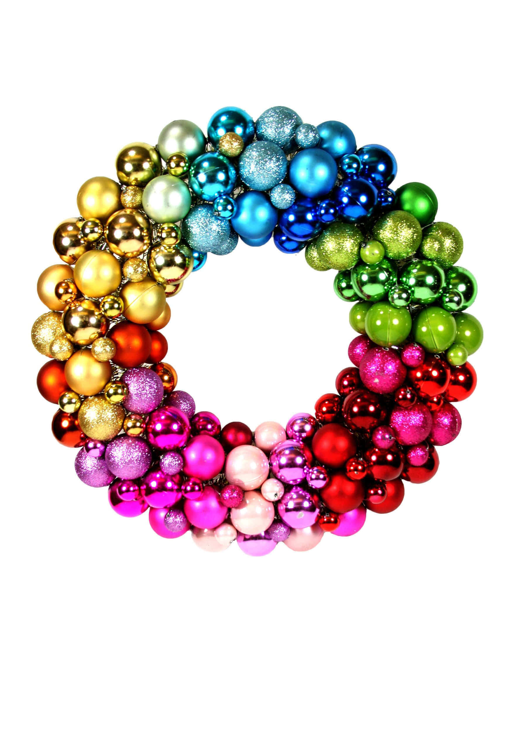 colorful christmas bauble wreath, rainbow wreath, glossy ornaments, Full HD Phone Wallpaper
