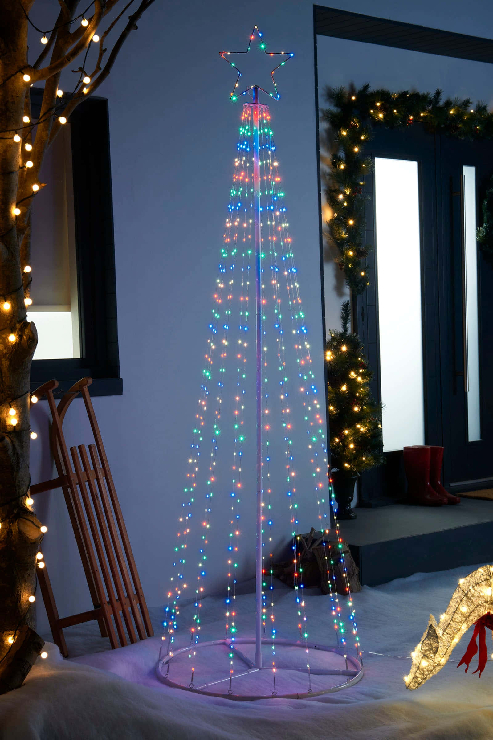 Christmas tree, colorful string lights, star, Full HD Phone Wallpaper