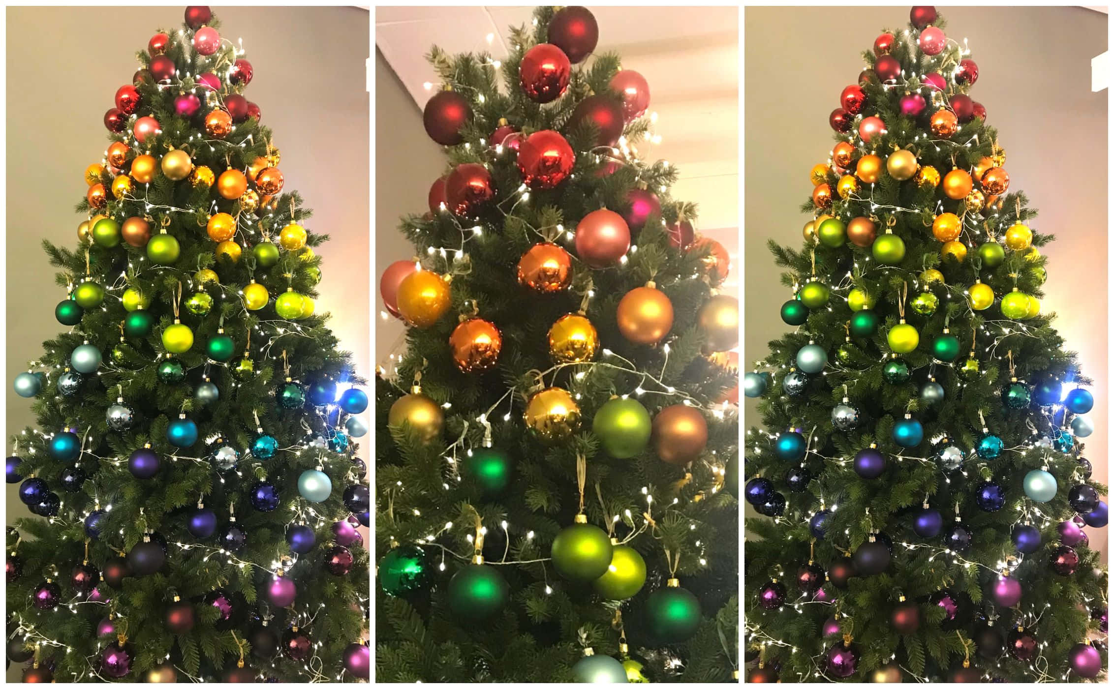 colorful Christmas tree, metallic ornaments, twinkling fairy lights, Full HD Desktop Wallpaper