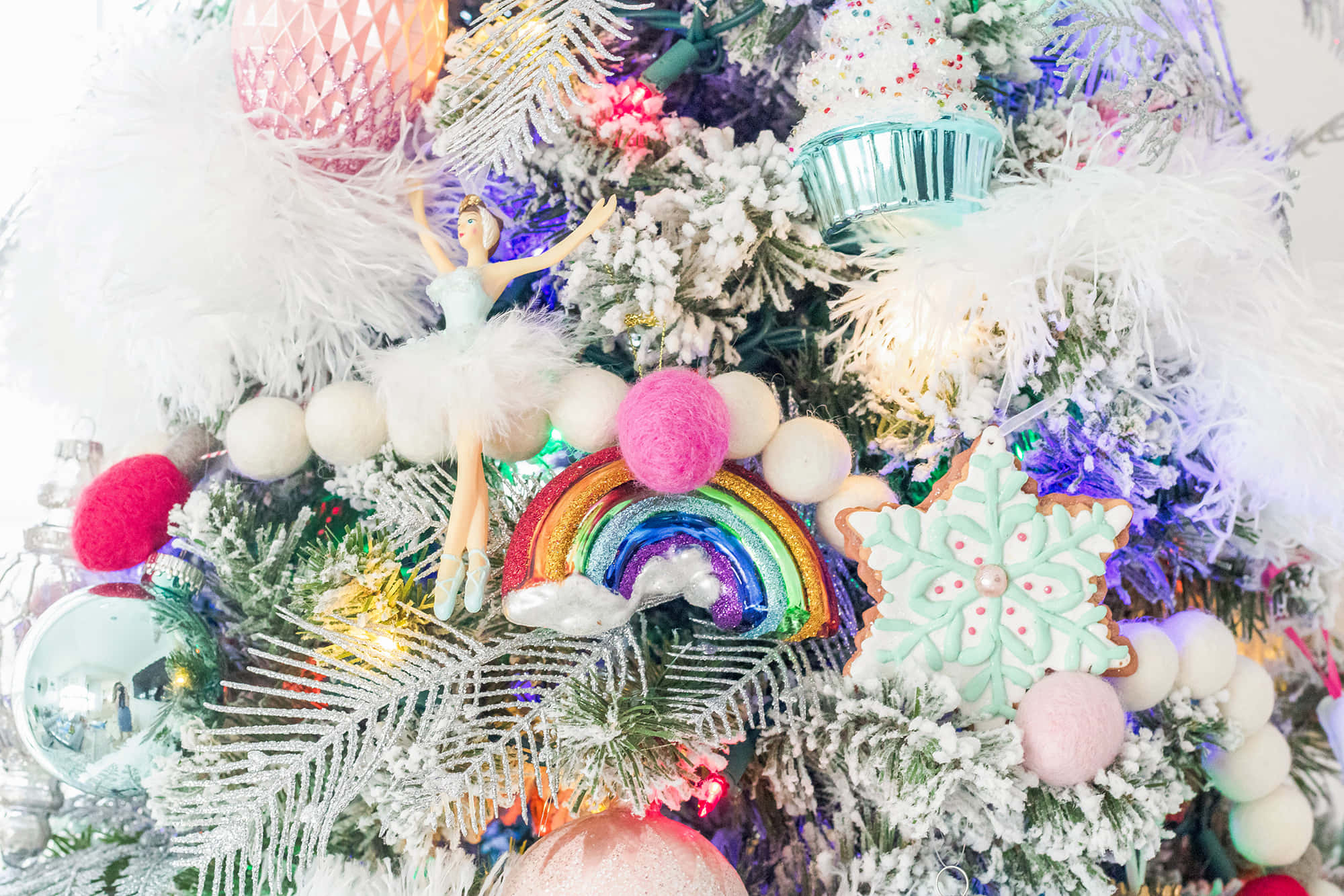 rainbow ornaments, fluffy white feathers, pastel candy-themed decorations, Full HD Desktop Wallpaper