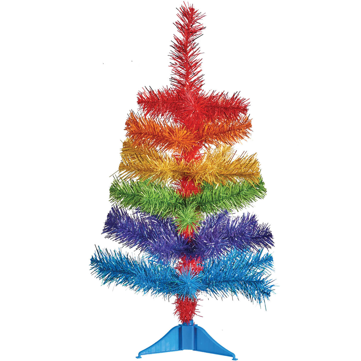 vibrant Christmas rainbow decor, rainbow-colored tinsel tree, red orange yellow green blue and purple tiers, HD Desktop Wallpaper