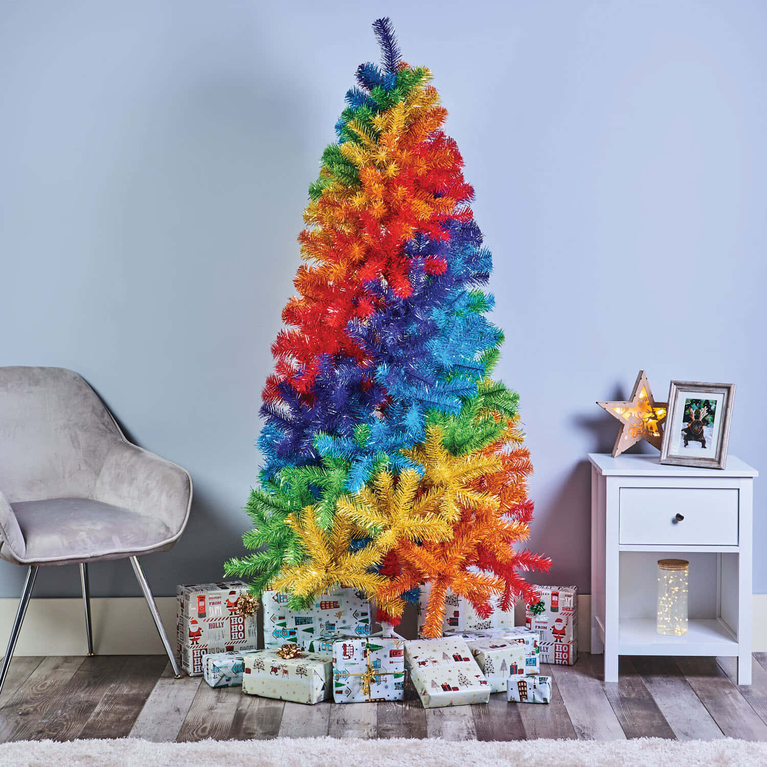 colorful Christmas tree, rainbow-colored artificial Christmas tree, wrapped gifts, HD Desktop Wallpaper