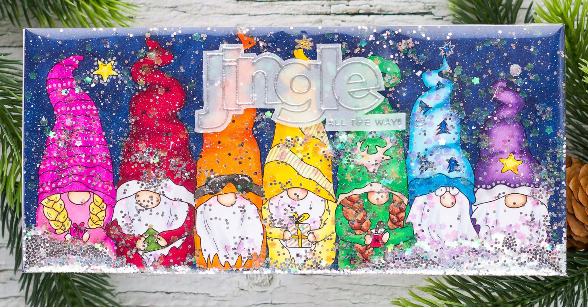 colorful christmas gnomes sign, glittery gnomes, festive hats, Full HD Desktop Wallpaper