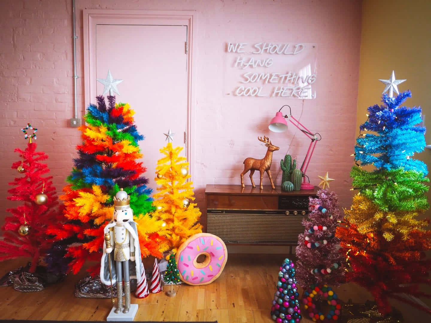 rainbow tinsel trees, giant donut, pink brick room, HD Desktop Wallpaper